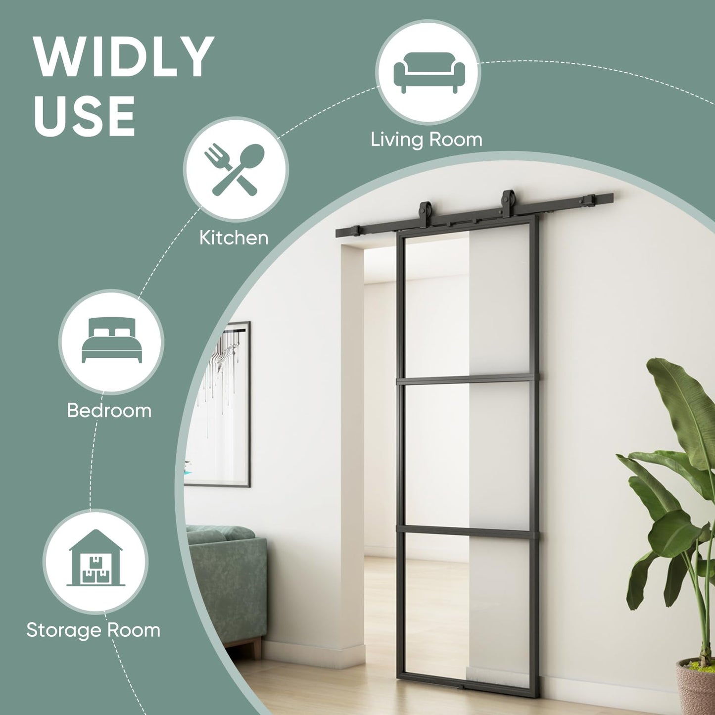 JUBEST 36in x 84in Glass Barn Door, Clear Tempered Glass Carbon Steel Pre Drilled Frame Sliding Barn Door Panel with 6FT Hardware Kit and Soft Close, Easy to Install