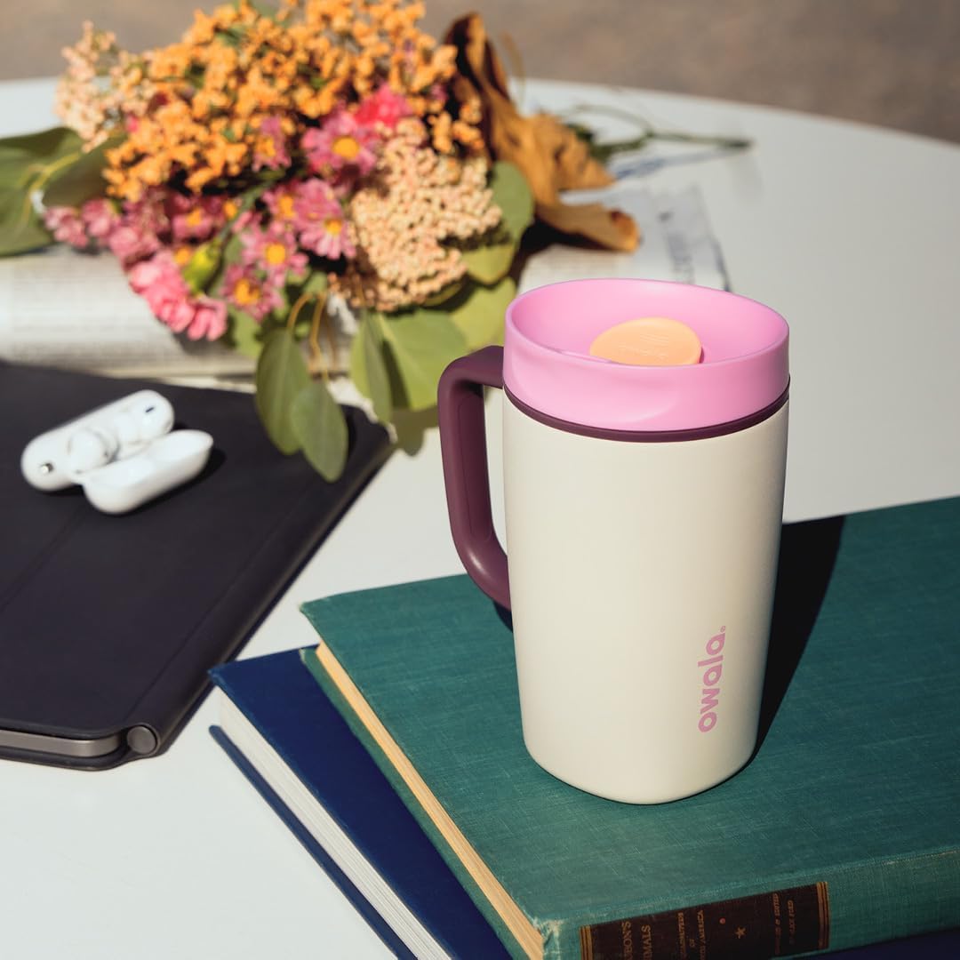 Owala SmoothSip Slider Travel Mug - 12oz Stainless Steel Insulated, 100% Leak Proof, Pink/Tan