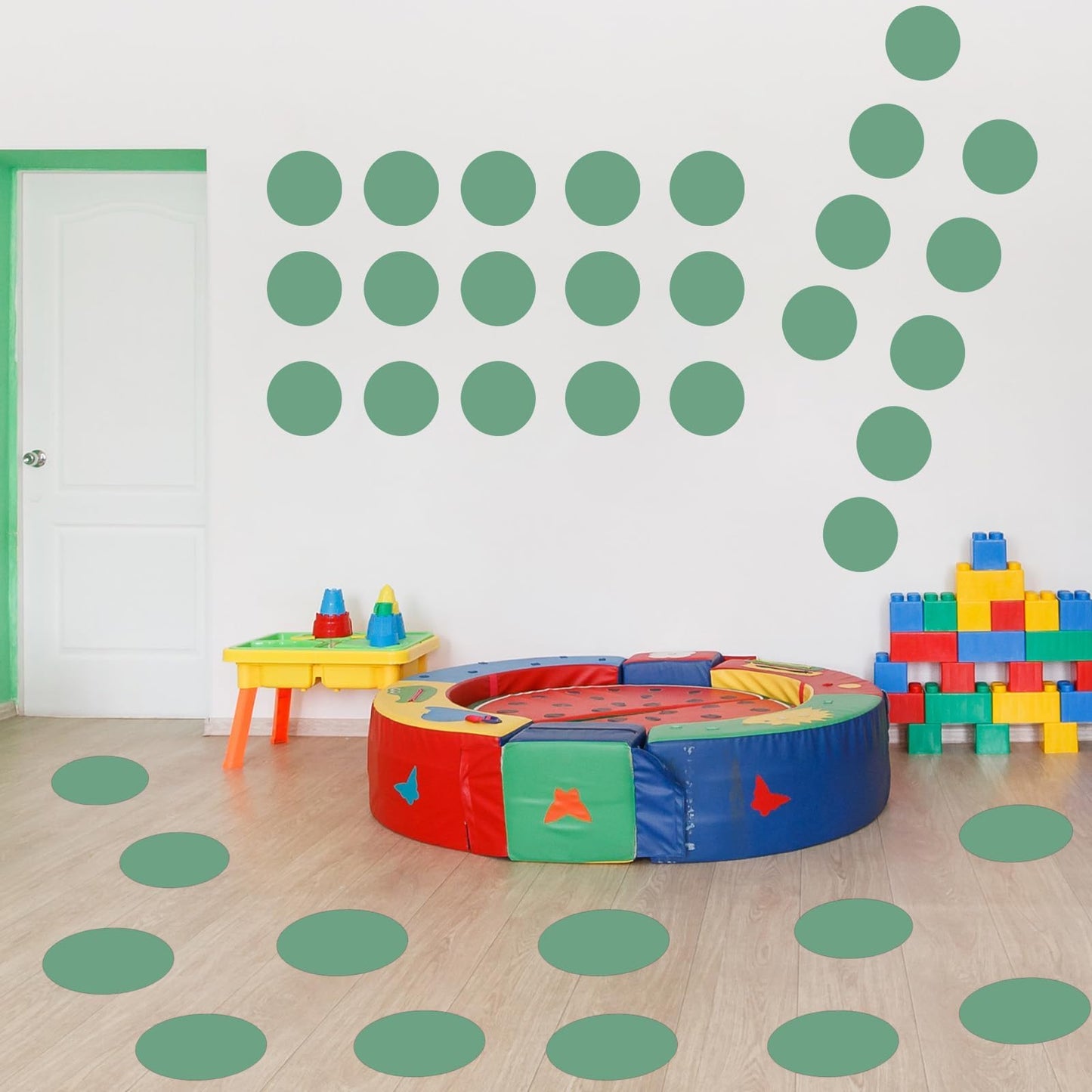 QOUBAI 60 Pcs 6in Classroom Floor Stickers Large Removable Number Spot Markers Eucalyptus Green Vinyl Floor Carpet Decals Line up Sitting Dots Stickers for Teachers Students Elementary Preschool