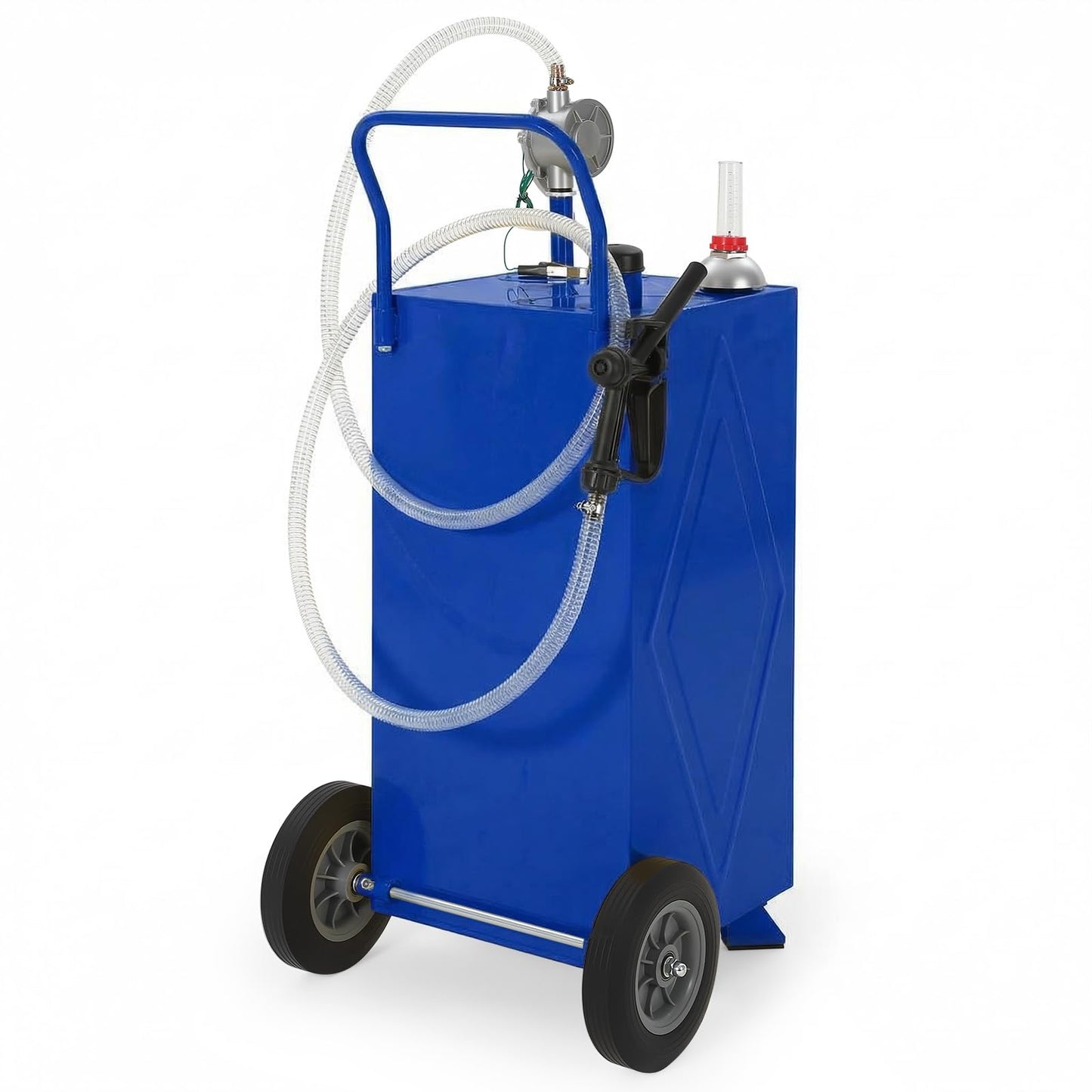 30 Gallon Fuel Gas Caddy Storage Tank, Portable Gas Caddy with Wheels, Manual Rotary Transfer Pump, Fuel Hose, Wide Fill Opening, Vent and Level Gauge, Mobile Gasoline Diesel Transfer Tank for ATV, Mower, Tractor, Car, Boat