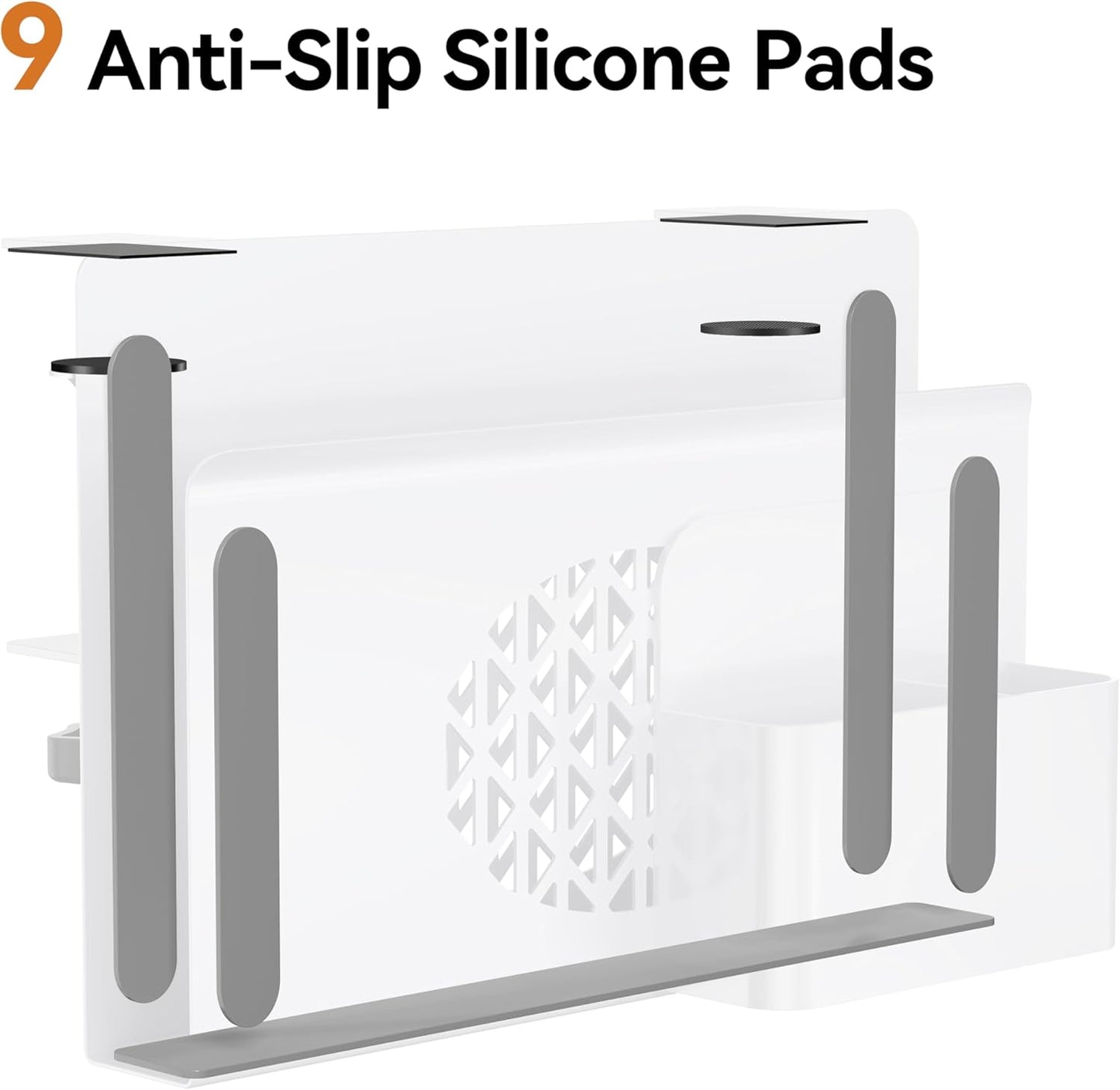 Josmimic Desk Side Storage, Metal Laptop Holder with Magnetic Pen Box, Clamp-On Under Desk Organizer with Cooling Holes