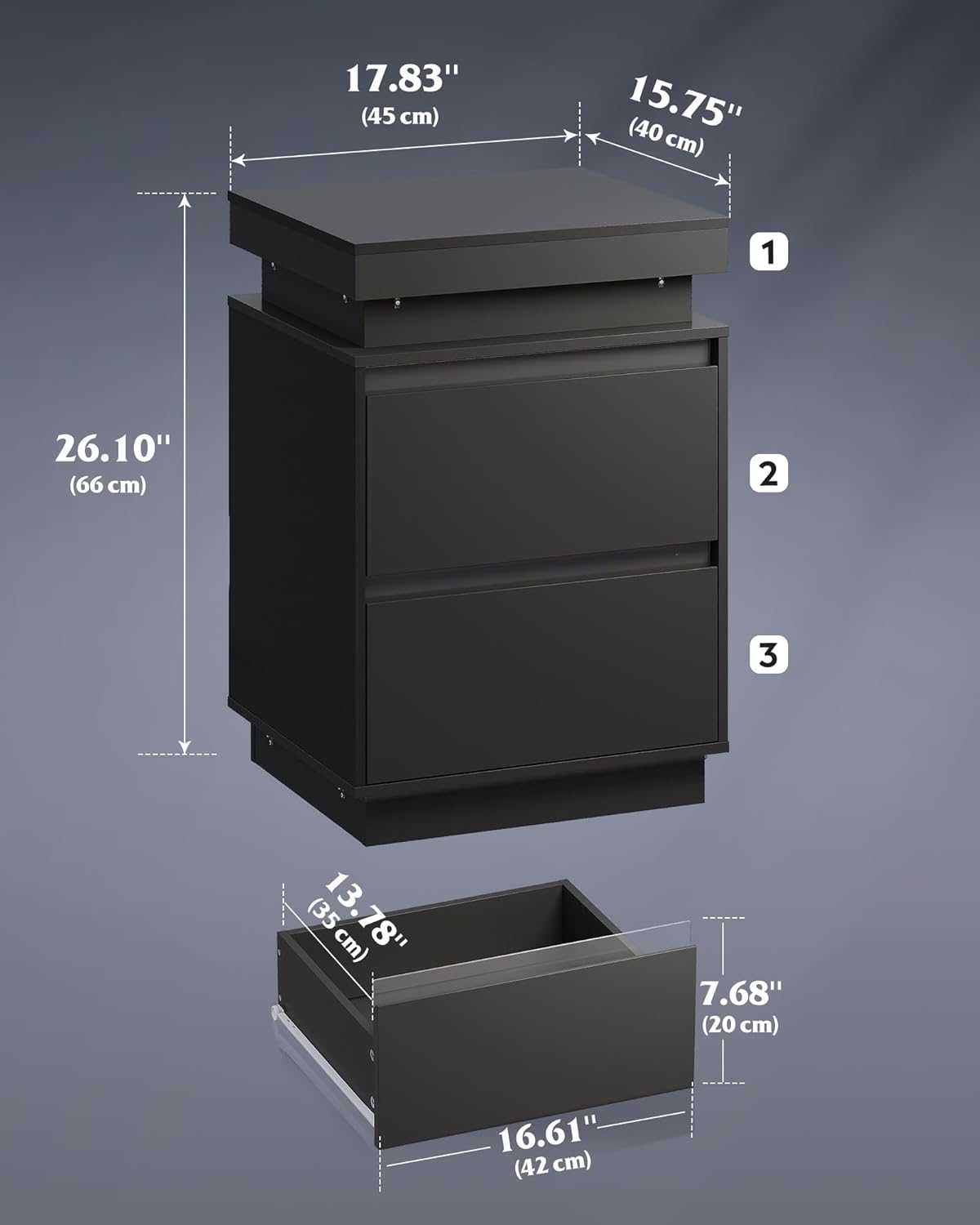 WLIVE Tall Black Nightstand - Modern Bedside Table with LED Lights & Charging Station | 2 Wooden Drawers