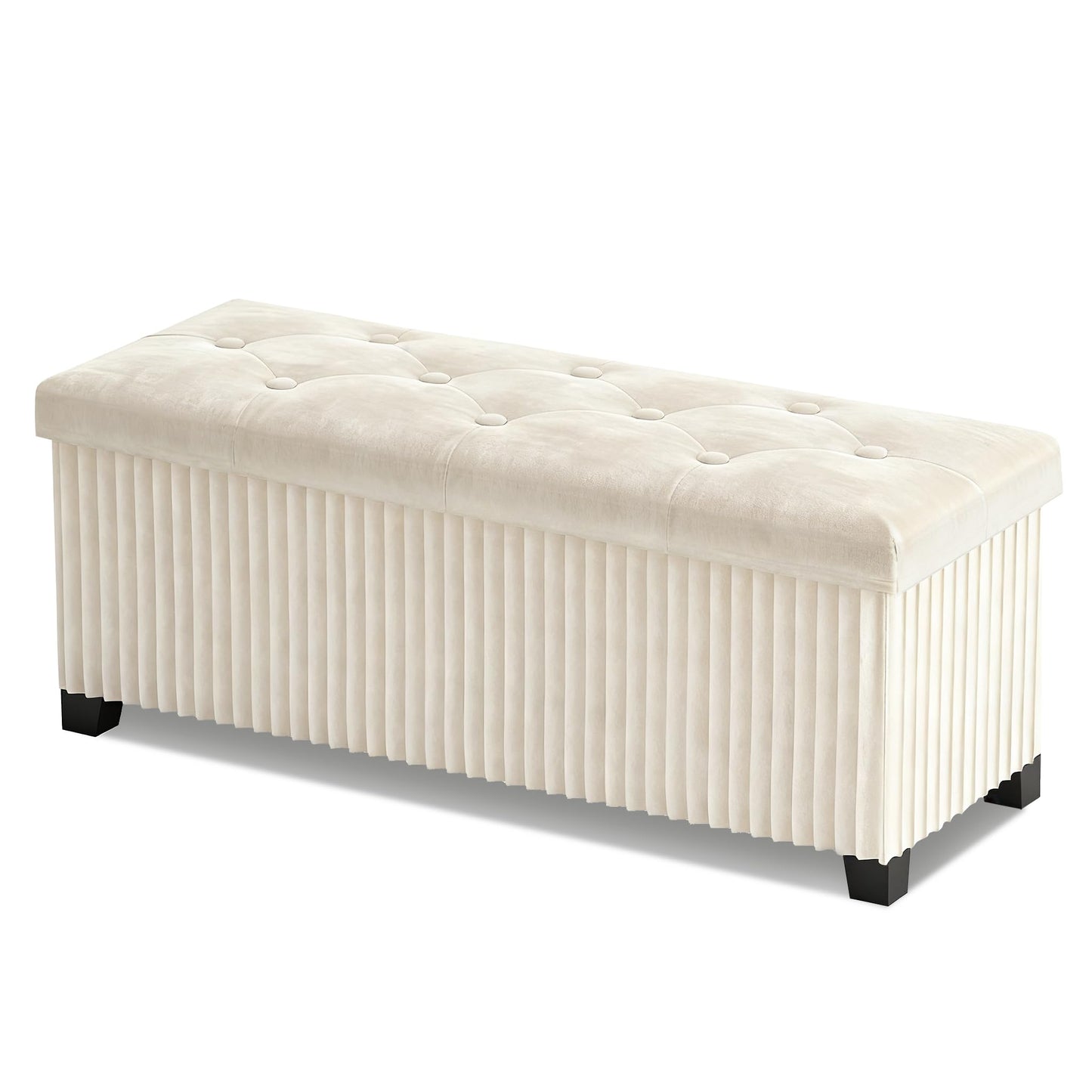 LITZFUR Storage Ottoman Bench, 43 Inch Foldable Ottoman with Legs, Velvet Foot Rest Stool, End of Bed Bench, Storage Chest for Living Room, Bedroom (Beige)