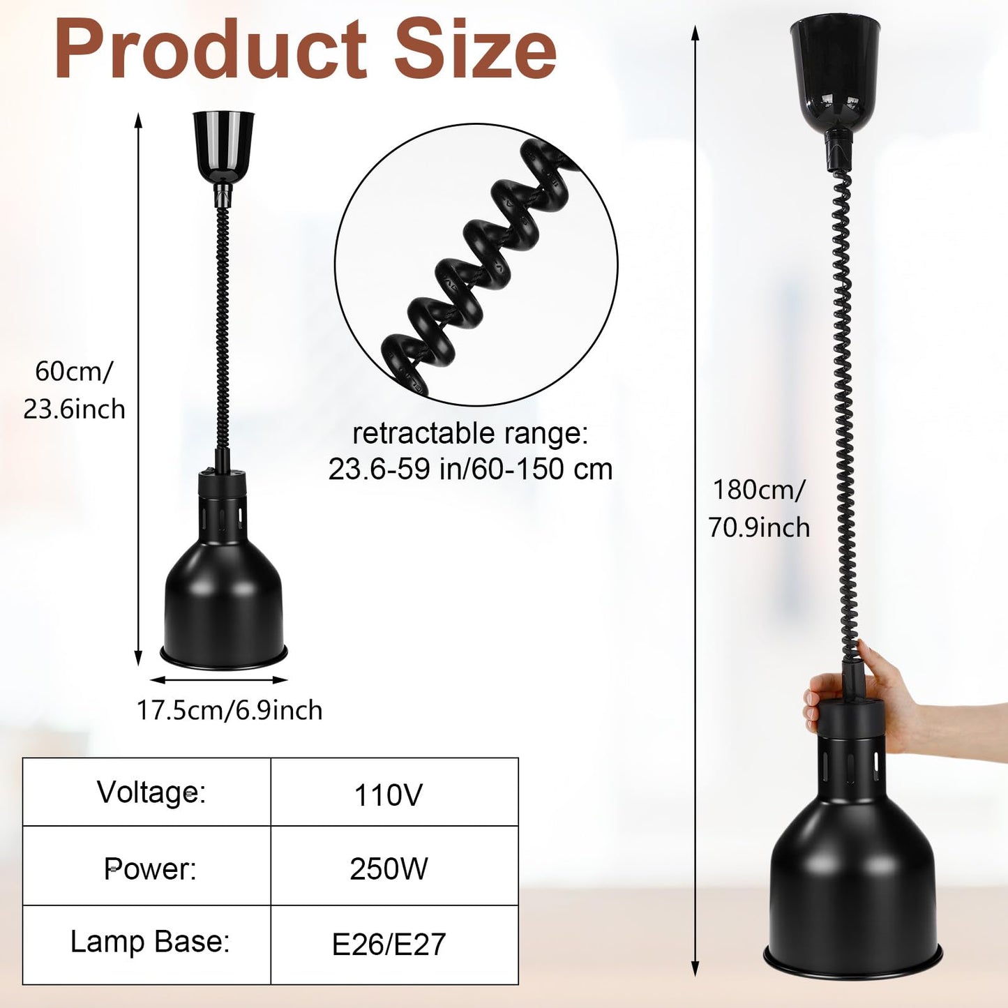 Nuanchu 2 Pack Food Heat Lamps 110v 250w Food Warmer Light Retractable Hanging Heat Lamp for Buffet Restaurant Catering Kitchen Dia 17.5cm Shade Black