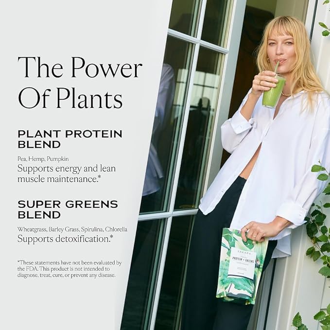 SAKARA Protein + Greens Super Powder ??30 Servings, Organic Plant-Based Blend with Hemp, Pumpkin, Pea Protein, Wheatgrass & Spirulina, Vegan Superfood Drink Mix
