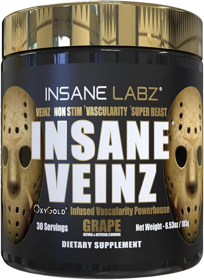 Insane Labz Insane Veinz Gold, Nitric Oxide Non Stimulant pre Workout Powder, Loaded with Hydromax, Nitrosigine, Increases Vascularity and Blood Flow, 30 Srvgs, Grape
