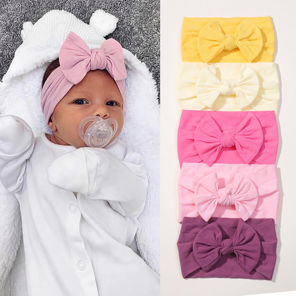 Skiennix 5Pcs Nylon Baby Bow Headbands - Soft, Stretchy Hairbands for Newborns & Toddlers