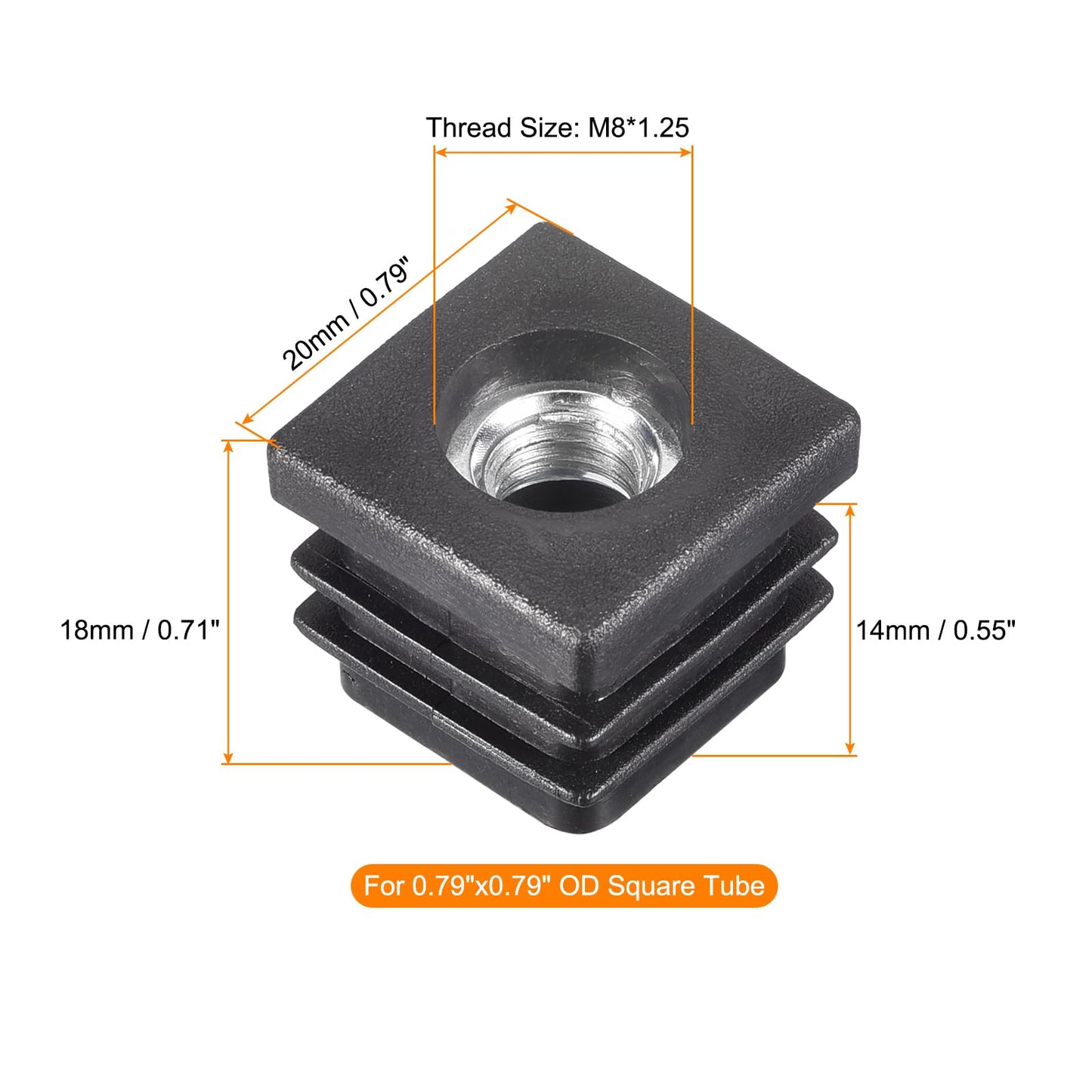uxcell 4Pcs Inserts for Tubes with M8 Thread, for 0.79"x0.79" OD Square Tube, Square Black Plastic Plug Caster Insert Chair End Caps Furniture Leg Plug