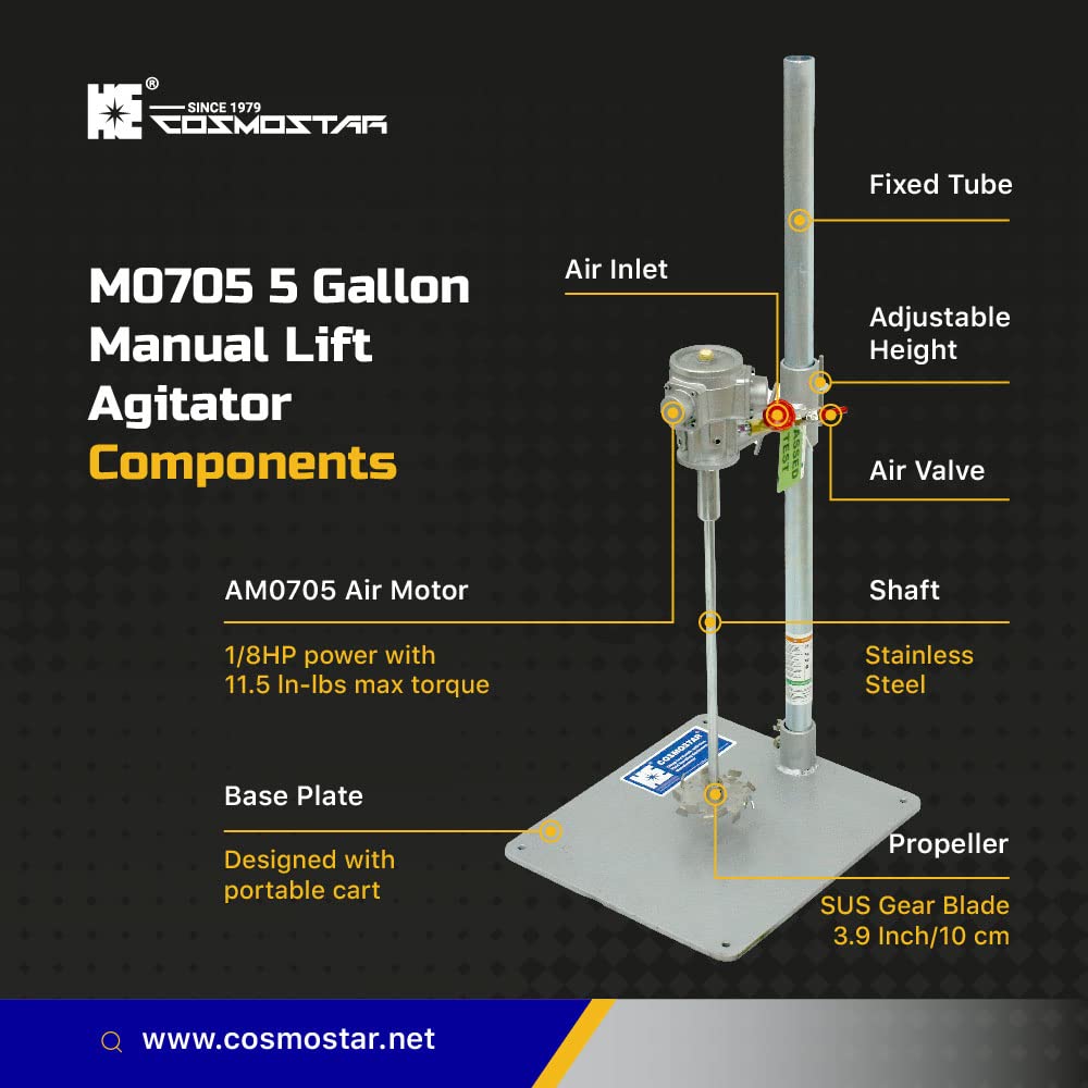 COSMOSTAR M0705 1/8 HP Pneumatic Agitator Manual Lift Pail Mixer 5 Gallon | Paint Agitator | Pneumatic Bracket Mixer, Paint Stirring Machine Bracket Air Agitator Paint Mix Tool