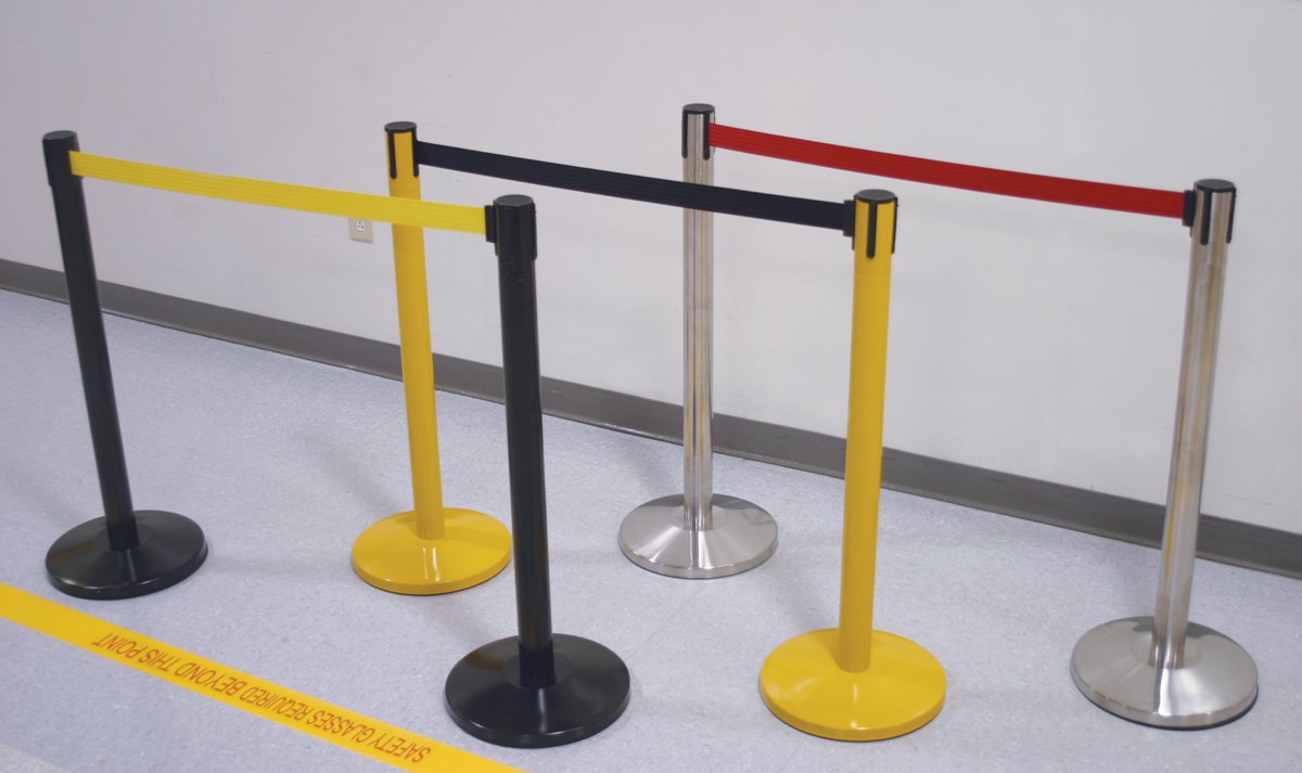 Accuform PRB842YL Steel Blockade Retractable Belt Tape Facility Traffic Control Barrier, 2" Width, Black Post/Yellow Belt Tape