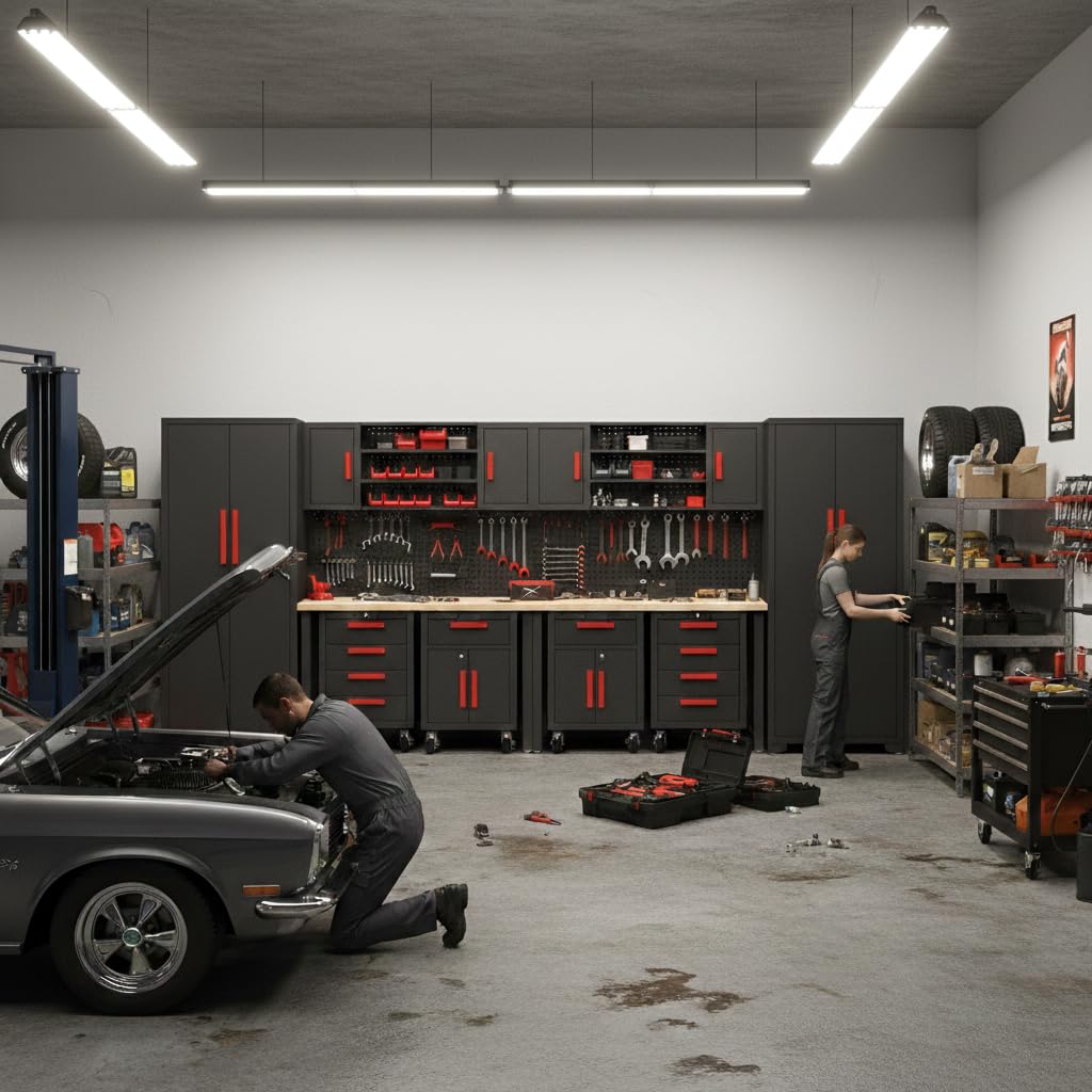 Tsnritor Garage Storage Cabinet System, 12PCS Garage Cabinets and Storage System Kit Workshop Set with Steel Cabinet, Cabinet Drawers, Workbench, Red Handle
