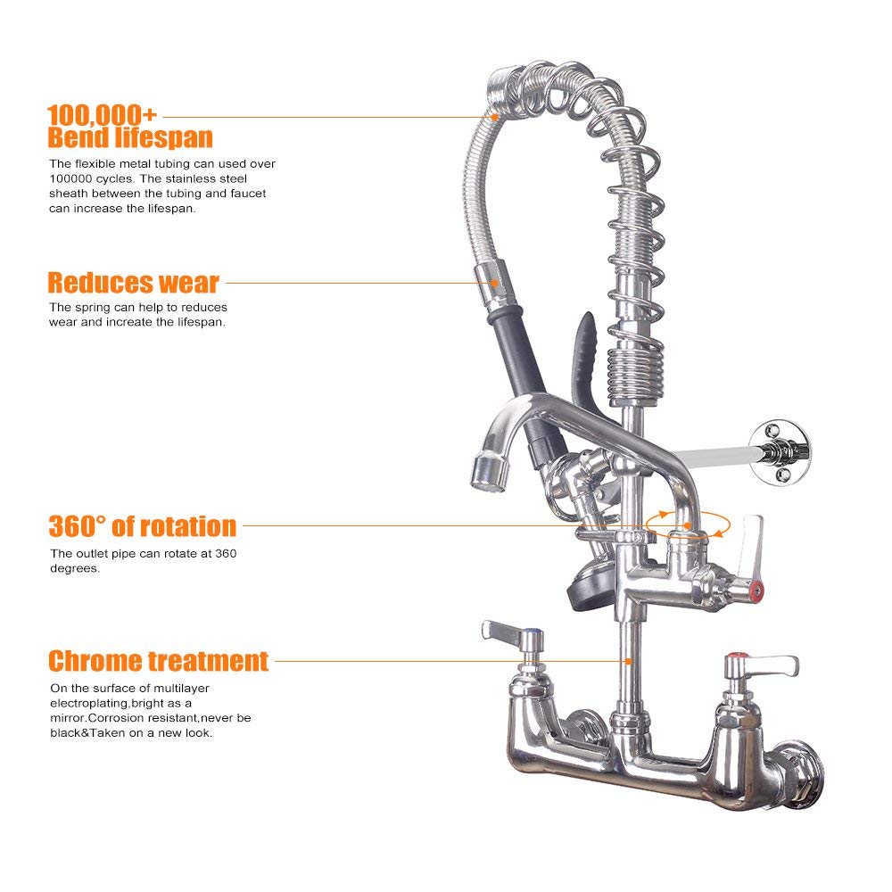 MSTJRY Commercial Faucet with Sprayer 20" Height, 8" Center with 8" Spout Commercial Wall Mount Kitchen Sink Faucet Pre Rinse Sprayer,for 1/2 Compartment Sink (Polished Chrome,Brass)