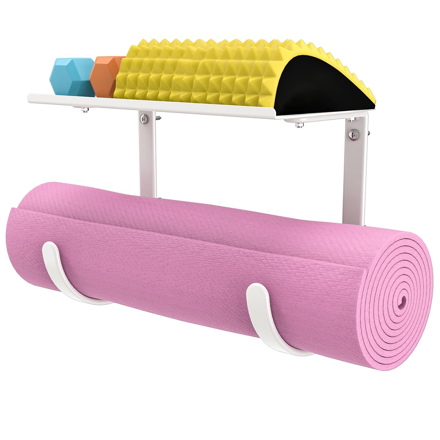 Yoga Mat Holder Wall Mount, No-Tie Mat Storage, Exercise Mat Storage Rack with Top Floating Shelf, Holding Yoga Blocks/Rollers and Pilates Mat, Workout Mat, Home Gym Equipment Accessories
