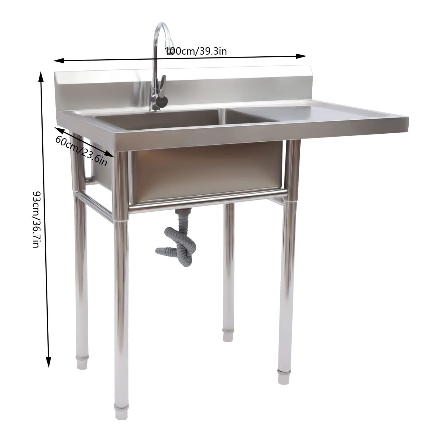 Free Standing Single Bowl Sink,Commercial Restaurant Kitchen Sink Set w/Faucet&Drainboard,1 Compartment Utility Washing Hand Basin w/Workbench&Storage Shelves for Indoor Outdoor (One Bowl)
