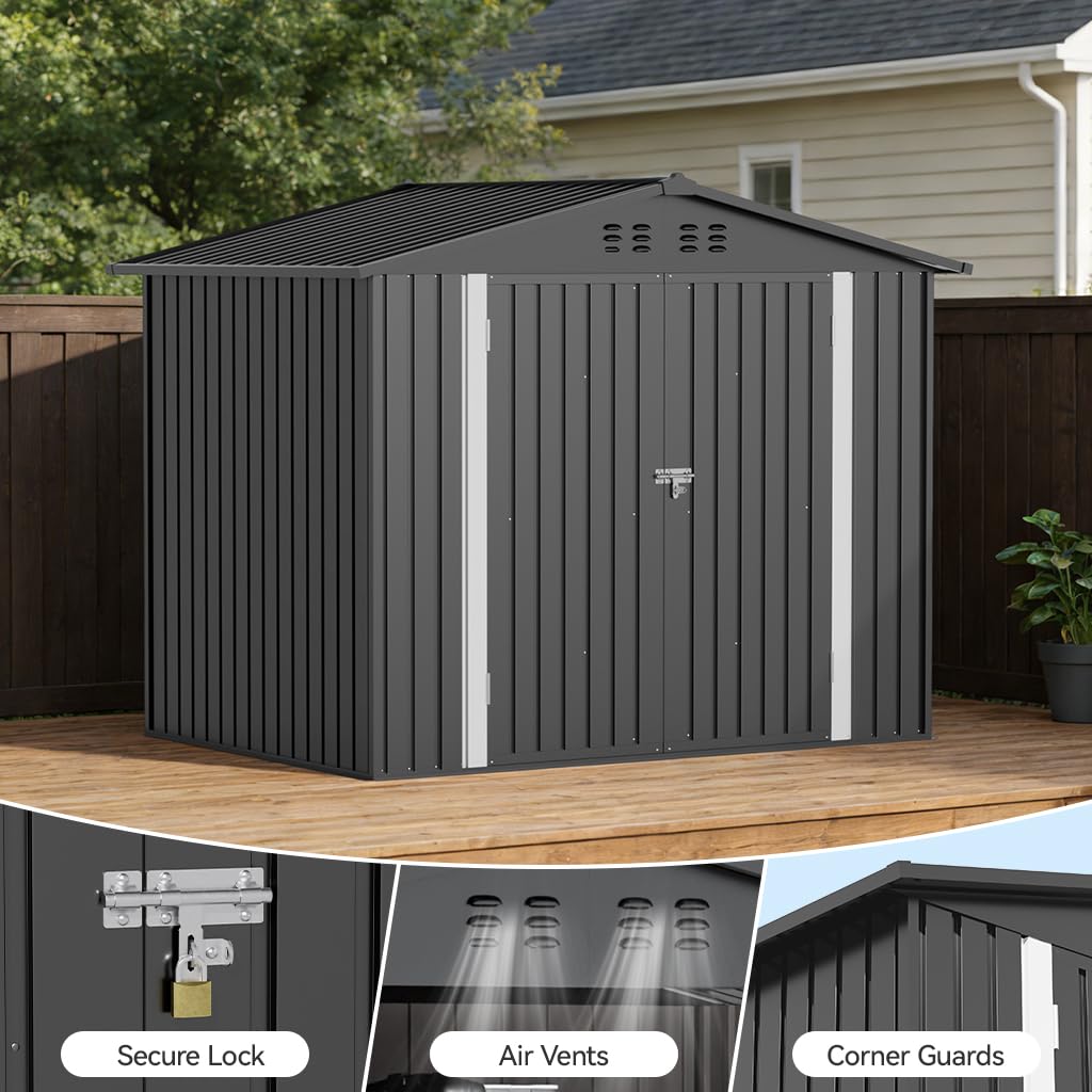 COMHOMA Shed Storage Outdoor Metal Windowed Lockable Weatherproof Ventilated Backyard Garden Utility Workshop(Grey,8'*6')