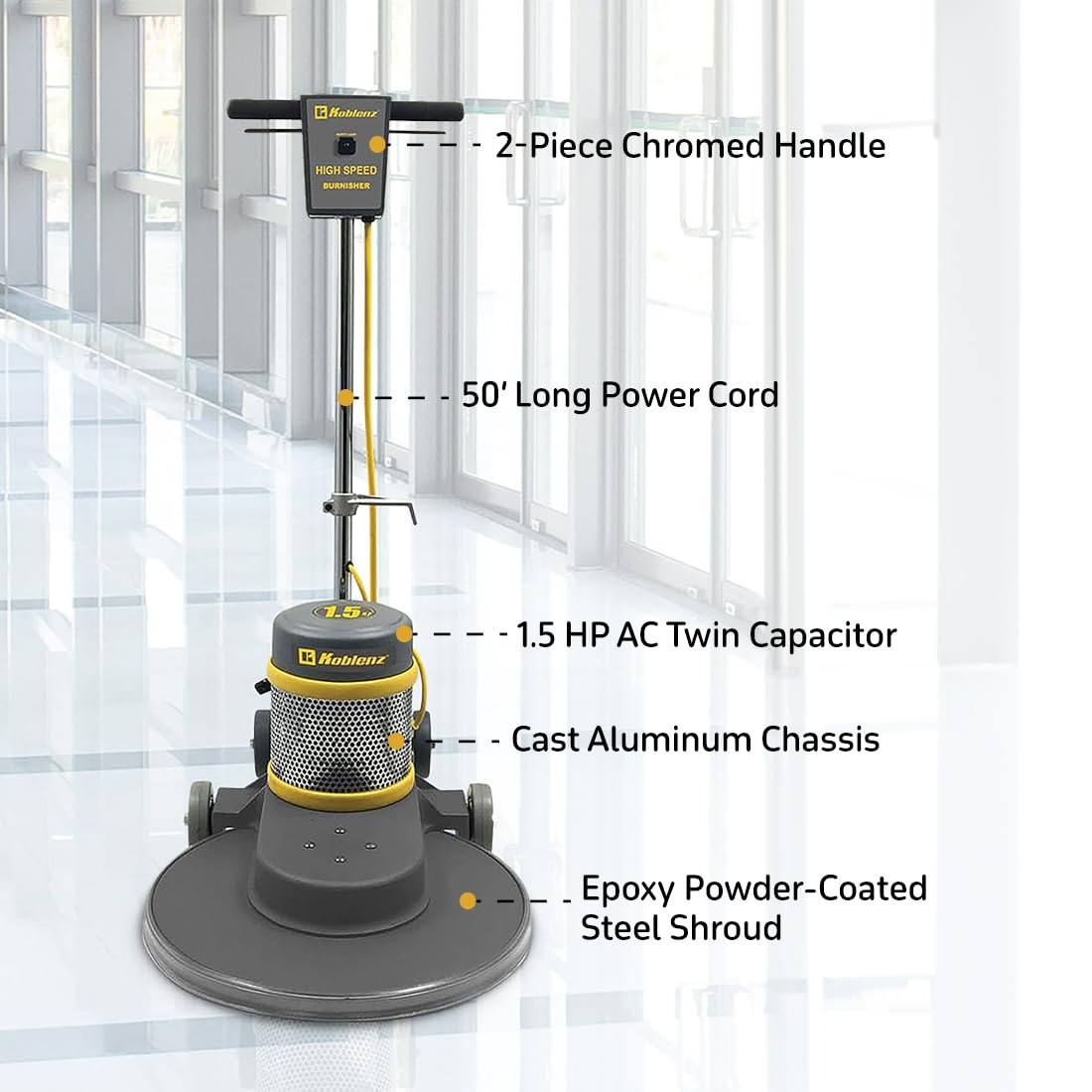 Koblenz B-1500-P High Speed Floor Buffer, 1.5 HP Commercial Burnisher, 20 in Pad, 50 ft Cord, Polishing Machine, Cast Aluminum, Floor Buffer Machine, Non-Marking Wheels