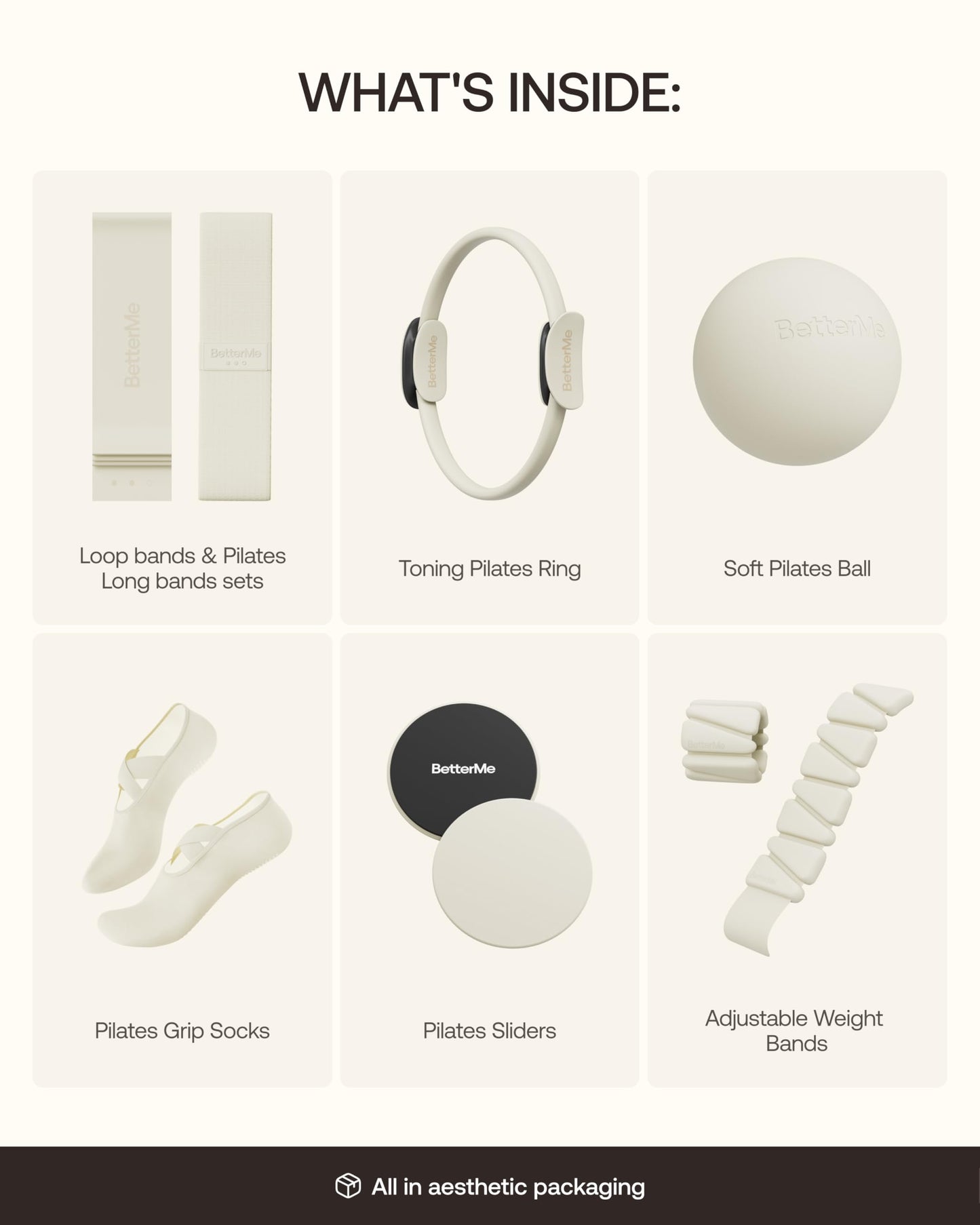 BetterMe Pilates Studio Kit – Pilates Ring, Pilates Ball, Resistance Bands & Sliders – Complete Pilates Equipment Set for Women – Home & Studio Pilates Workout Kit (Ivory)