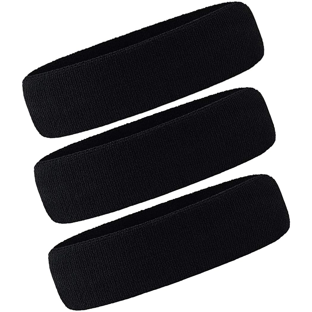 3 Pack Men & Women Sweatband Headband Terry Cloth Moisture Wicking for Sports Tennis Gym Work Out (Black)