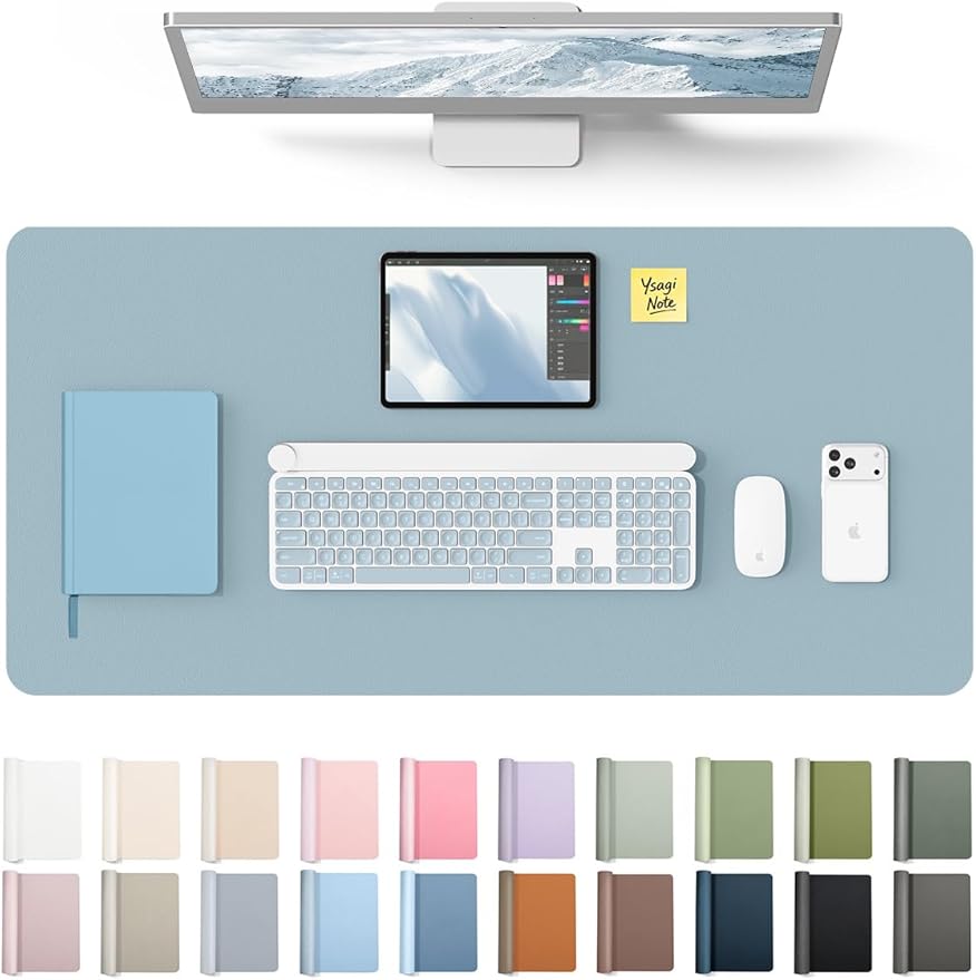 YSAGi Leather Desk Protector, Office Mat, Large Mouse Mat, Non-Slip PU Leather Blotter, Laptop Desk Pad, Waterproof Writing Pad for Office and Home (Ice Blue, 31.5" x 15.8")