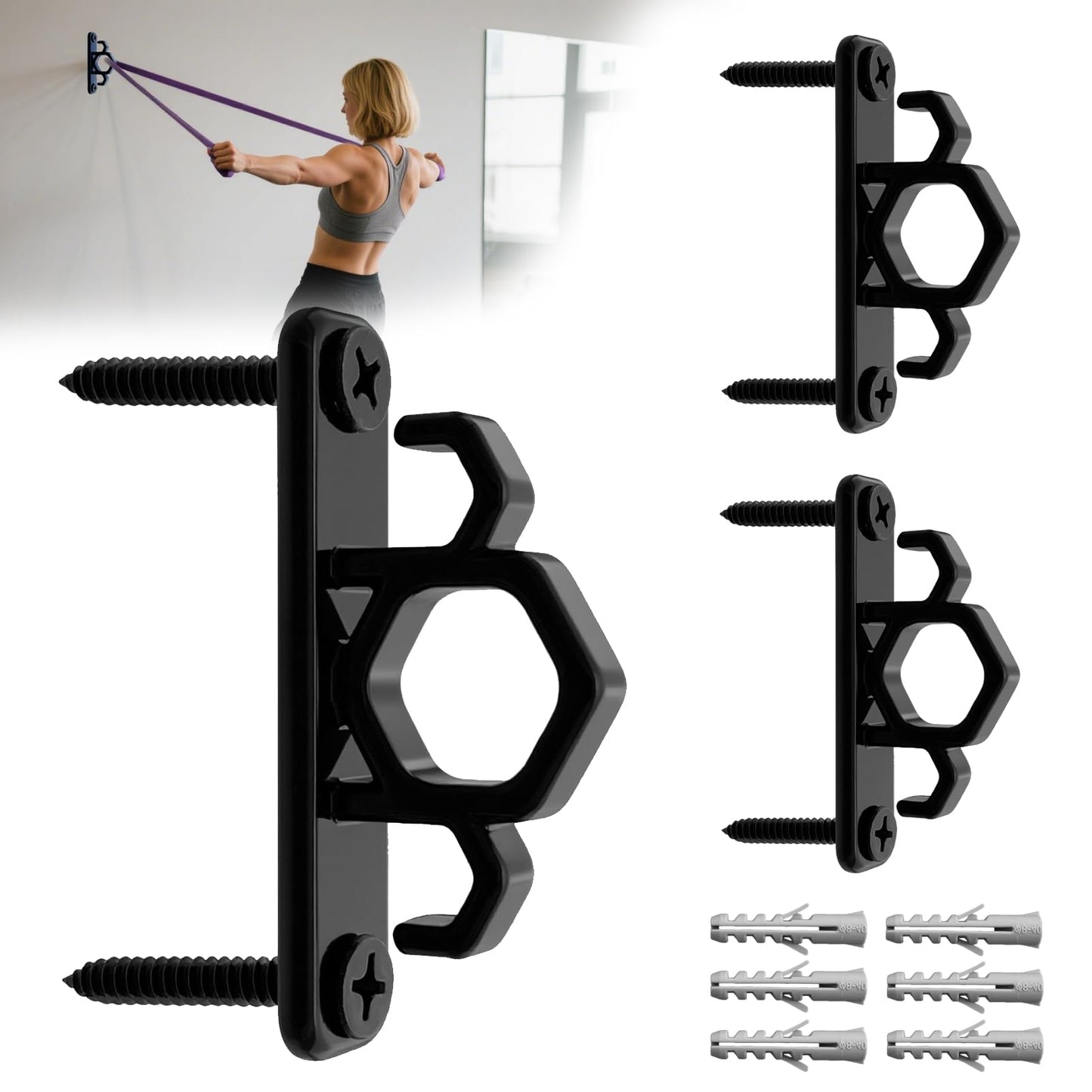WOCHOLL Resistance Band Wall Anchors Heavy Duty Wall Mount Workout Anchors for Exercise Bands, Space-Saving Home Gym Workouts, Strength Training, Durable Steel Construction (3, Black)