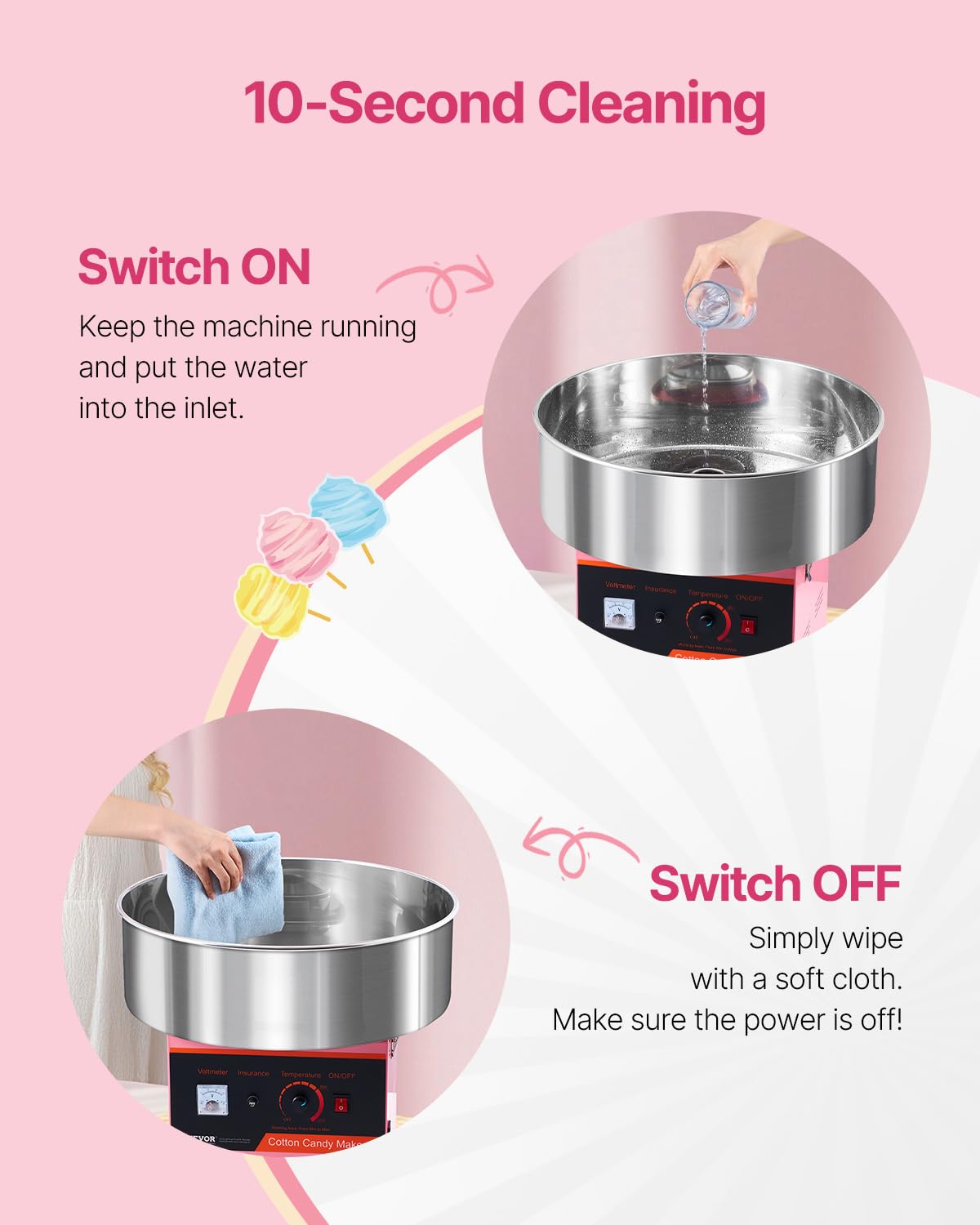 VEVOR Electric Cotton Candy Machine, 1000W Commercial Floss Maker w/Stainless Steel Bowl, Sugar Scoop and Drawer, Perfect for Home, Carnival, Kids Birthday, Family Party, Pink