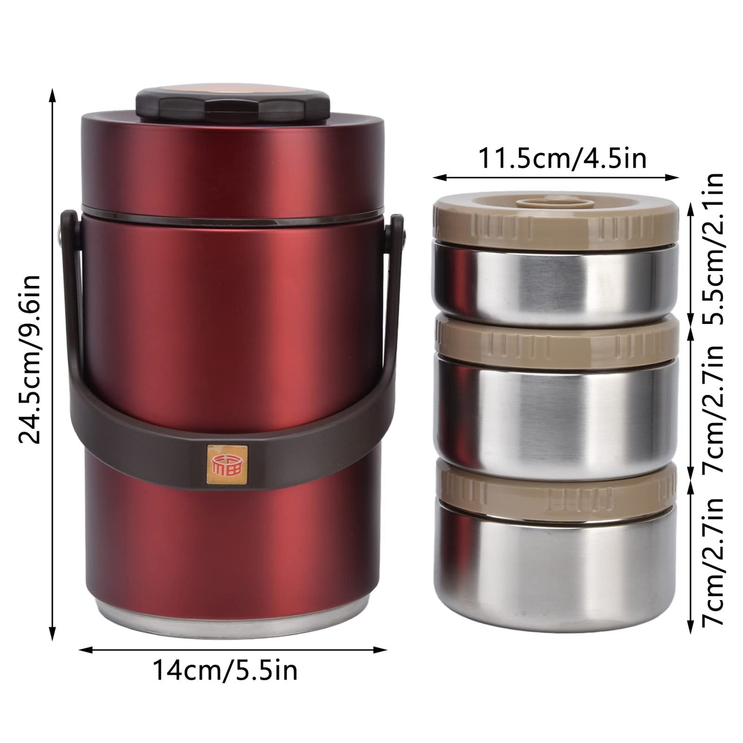 Qiilu Food Flask 2L Termos Para Comida Caliente 24 Horas 304 Stainless Steel 2.3L Vacuum Lunch Box 3 Layers Prevent Leakage Insulated Container For Work Travel (Red)