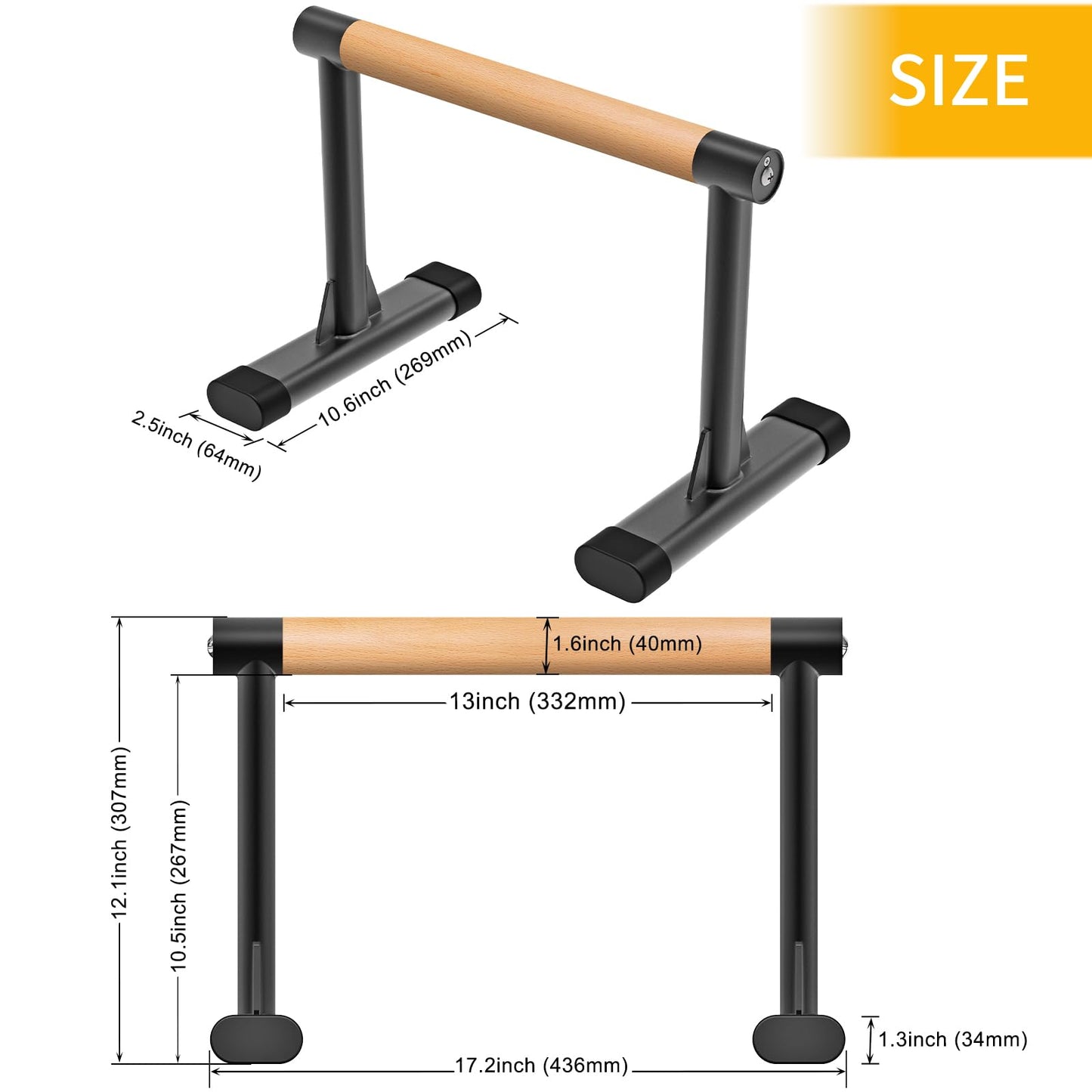 Kipika Parallette Bars for Calisthenics - Push Up & Dip Bar with Wood Handles, Rock-Free Support for Handstand, L-Sit & Home Strength Training, 600LB Capacity, 12" Height (Wood)