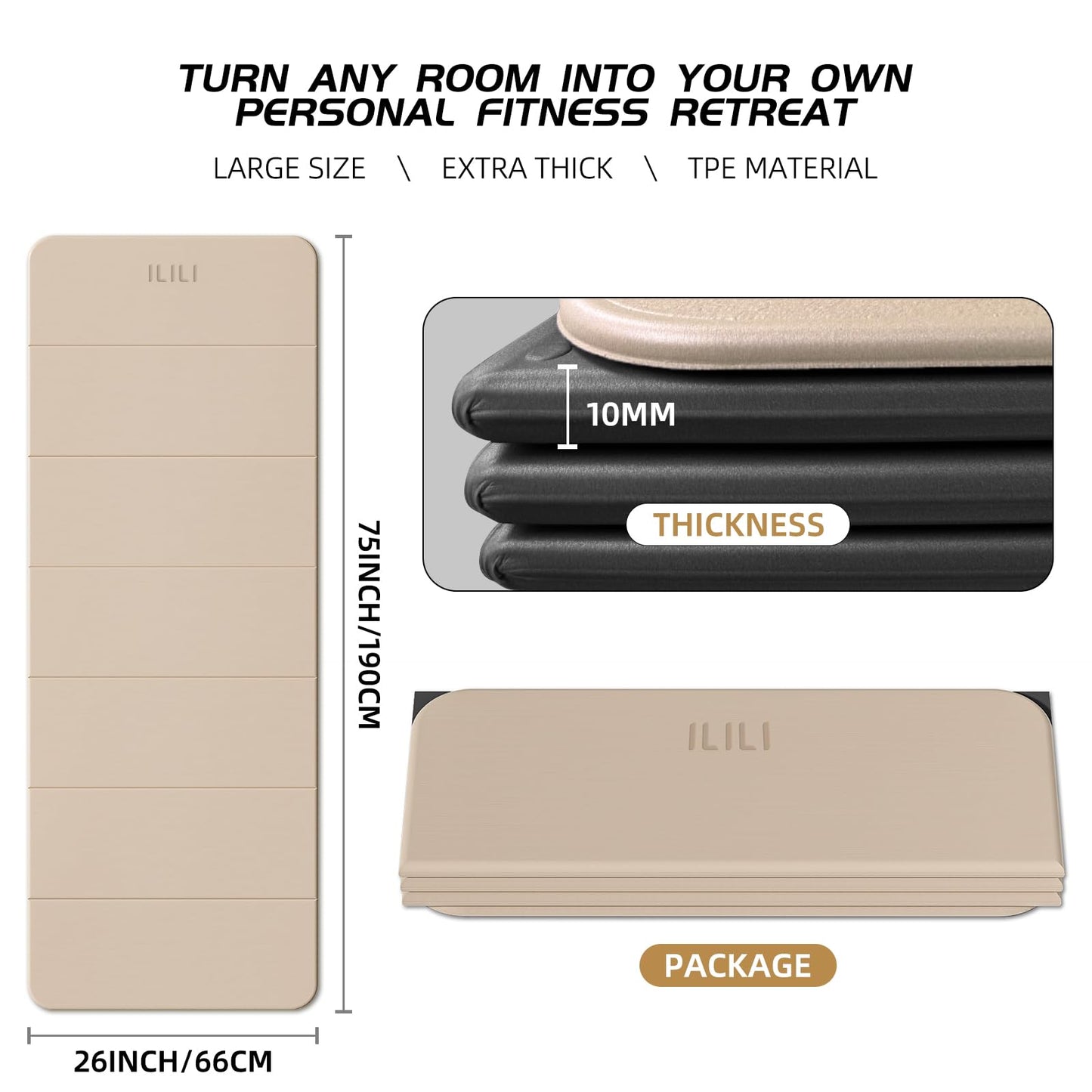 ILILI Foldable Yoga Mat, 10mm Thick, TPE Material, Extra Long 75"L x 26"W, Soft and Comfortable Folding Mat 0.4 Inches, Easy to Carry and Store, 190*66cm Portable Multi-Functional Use for Yoga, Home Exercise & Outdoor