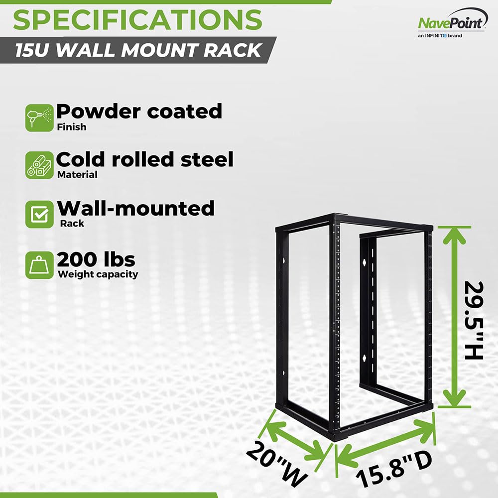 NavePoint 15U Wall Mount Rack - Server Rack for 19 Inch IT Equipment Open Frame Rack – Network Rack for AV & Server Equipment 16” Deep Rack, Black