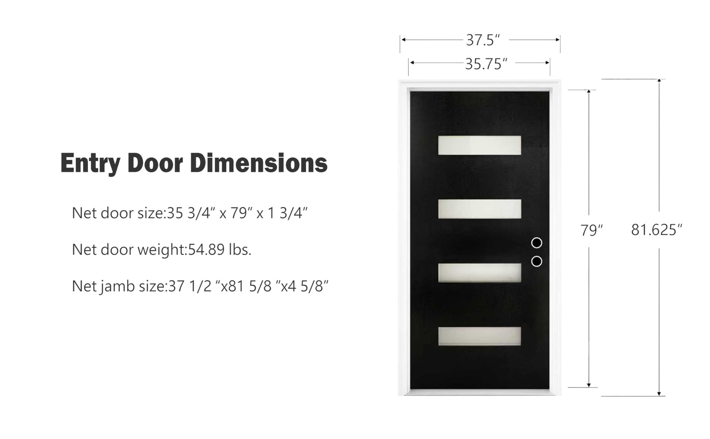 36 x 80 Fiberglass Entry Door with Brickmould, Black Finish Knock-Down Fiberglass Door with 4-9/16 Vinyl Frame, 4-Lite Frosted Glass - Contemporary Style for Home's Front Entrance Left Hand Inswing