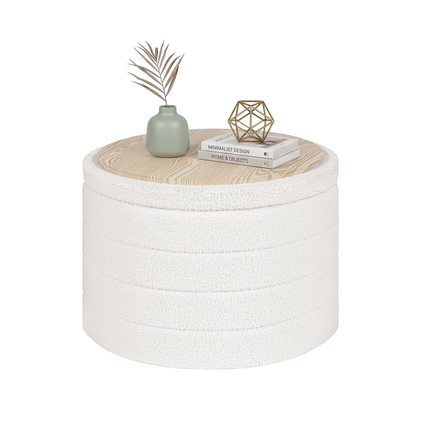 CAIPINFUL 22" Round Storage Ottoman,Boucle Sherpa Ottoman with Tray, Faux Teddy Foot Rest Coffee Table for Bedroom Dorm Living Room,White