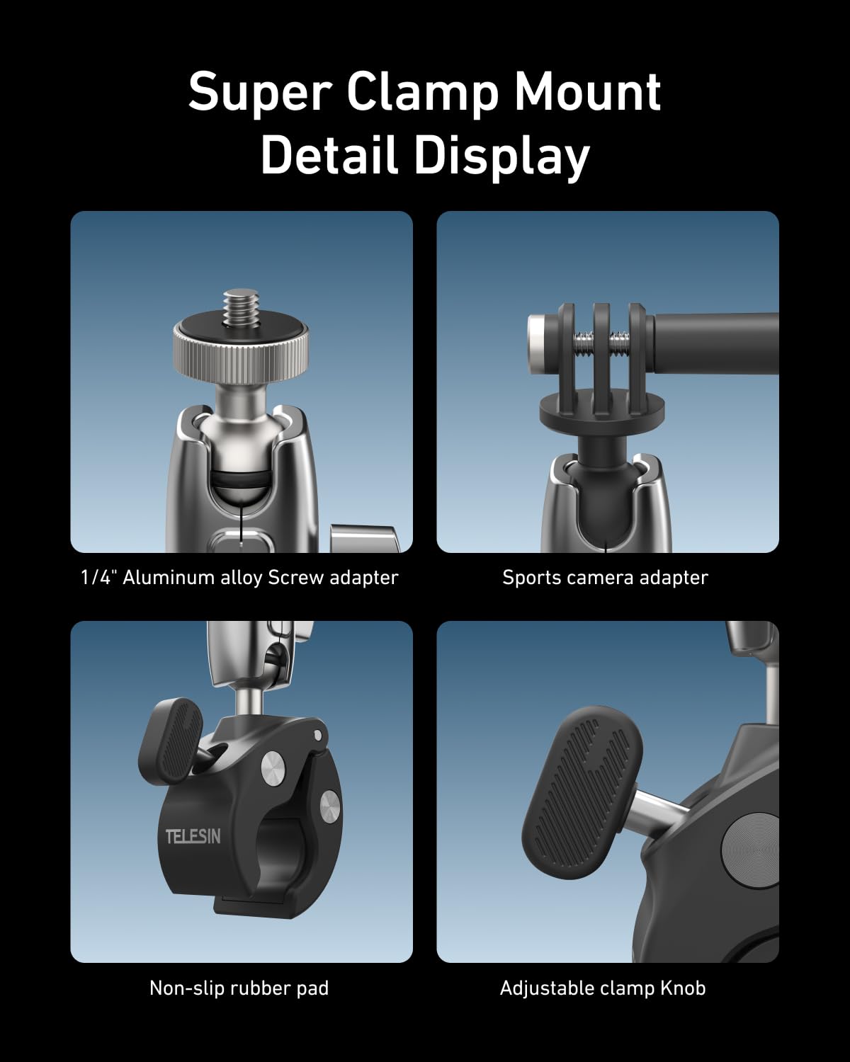 TELESIN Super Clamp Camera Mount with 360° Dual Ball Head, Bike/Bicycle/Motorcycle Handlebar Mount for DJI Osmo Pocket 4/ DJI Osmo Action 6/ Action 5 Pro/Osmo Nano/Action 4/Hero 13 12 11/Insta 360 X5