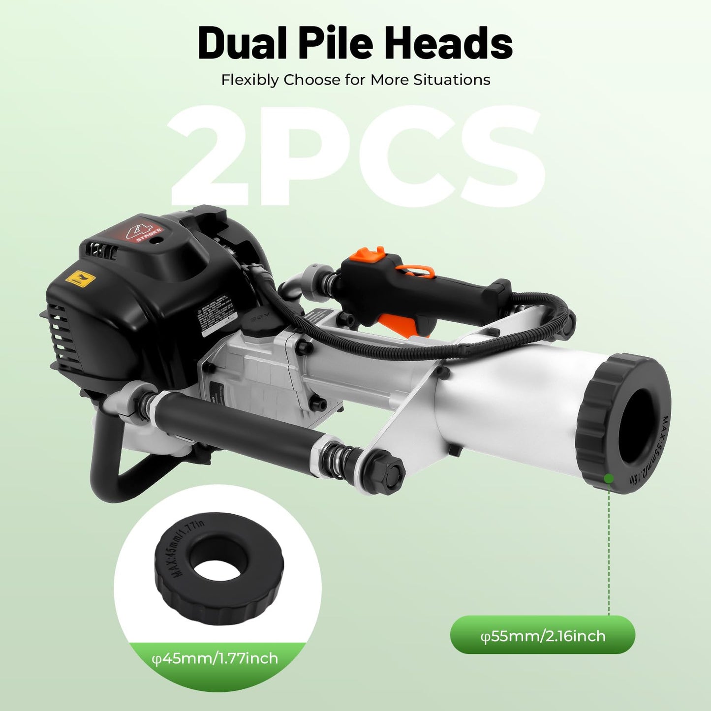 37.7cc CC 4-Stroke Gas Powered T Post Driver, 1.2KW Portable Fence Post Driver w/Air-Cooled System, 8500RPM Petrol Pile Driver Hammer w/ 2 Pile Heads(45mm 55mm) for A Series of Pile-driving Projects