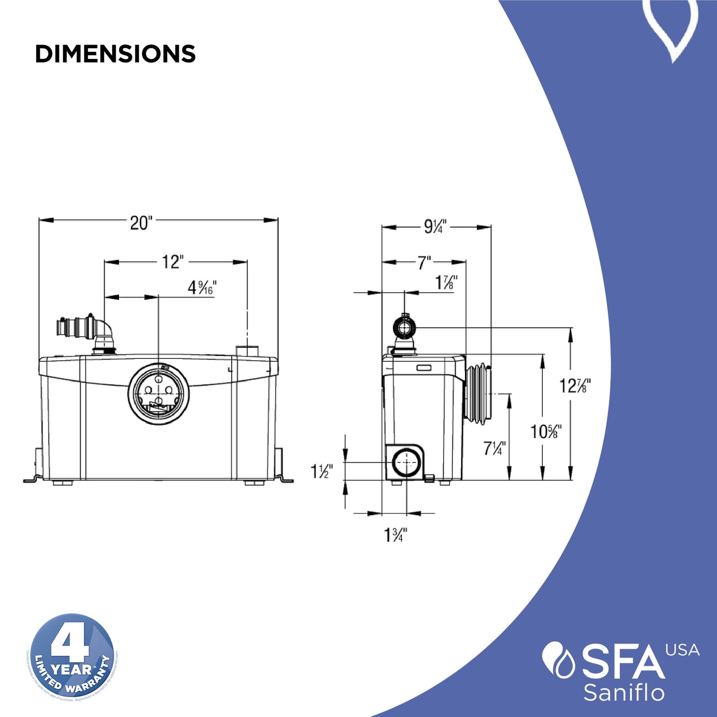 SFA SANIFLO - Saniplus - Macerating Pump - Full-Bathroom Applications - Dual Purpose - Hardened Stainless Steel - 4 Years Warranty - Certified CSA (IPC, NSPC), IAPMO (UPC) - Made In France