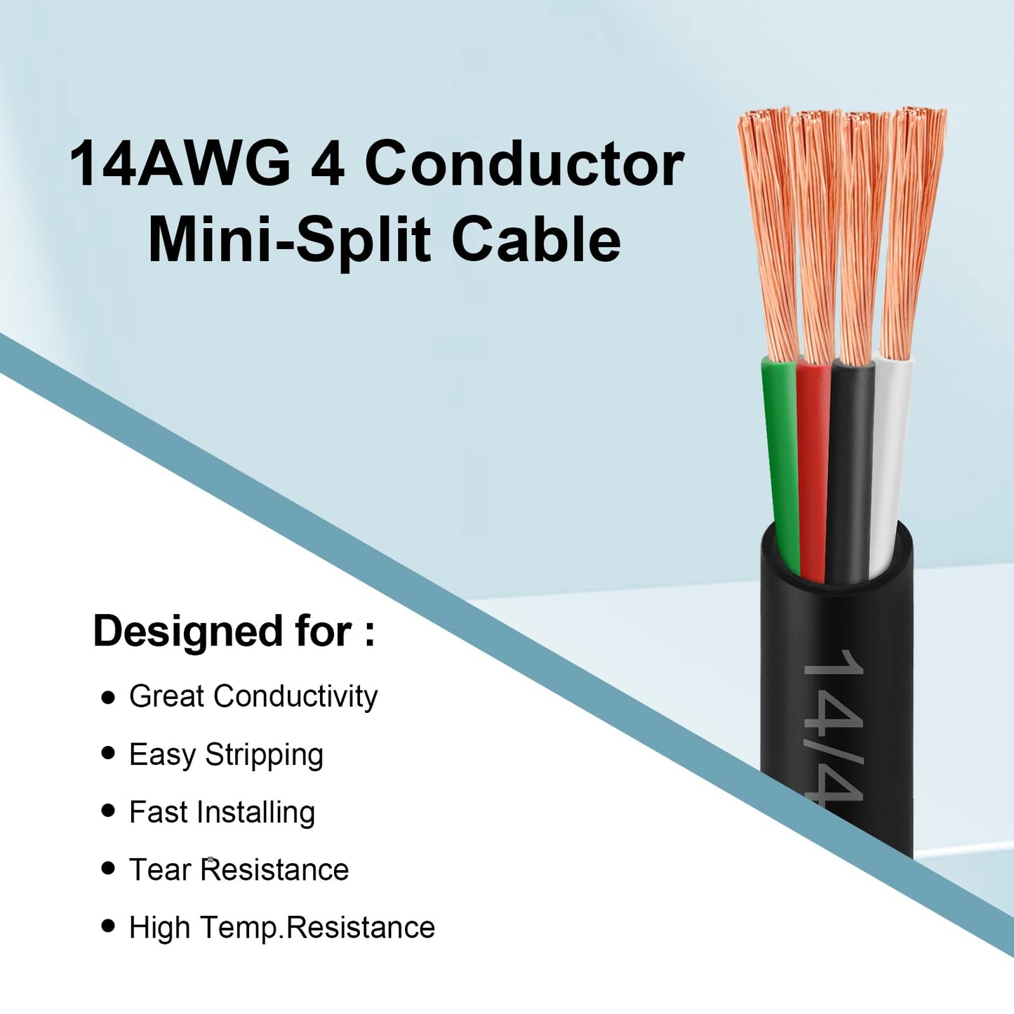 MOOKEERF 14/4 AWG Mini-Split Cable - 150FT 14 AWG 4 Conductor Control Cable 300V Stranded Oxygen-Free Pure Copper Wire for Mini Split Air Conditioner,Heat Pump,HVAC Systems and Speaker Systems