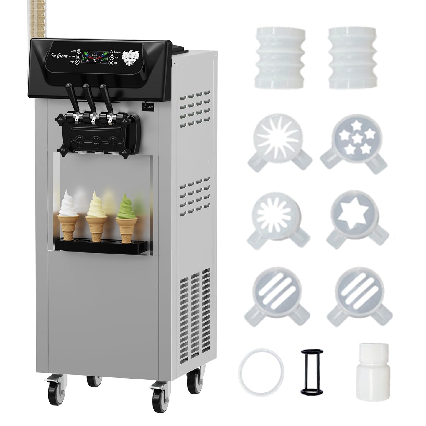 PioneerWorks Commercial Ice Cream Machine, 20-28L/H Yield, 2200W 7L X 2 Capacity, LCD Display, Auto Clean Adjustable Hardness 3 Flavor for Restaurant Snack Bars