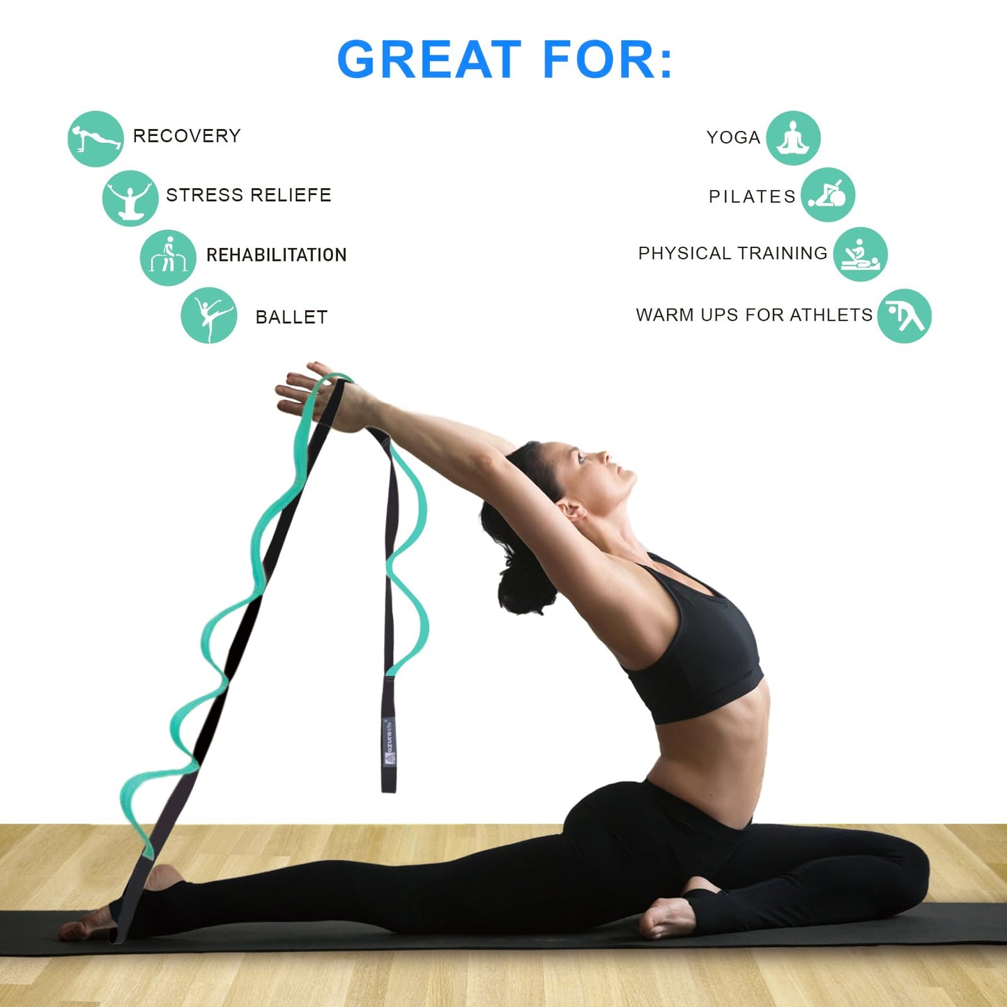 A AZURELIFE Premium Durable Cotton Stretch Strap with 10or12 Loops,Loops, Non-Elastic Yoga Strap for Stretching, Multi-Loop Fitness Stretch Band for Physical Therapy, Yoga, Pilates&Dance (Green - 12