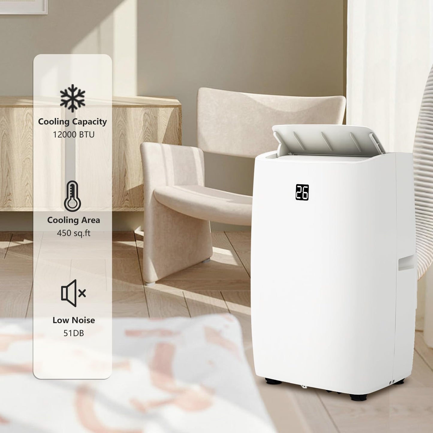 12,000 BTU Portable Air Conditioner, 3-in-1 Remote Control AC with 24-Hour Timer, Cooling/Dehumidifying/Fan/Low Noise/Energy Efficient, Office Cooling up to 750 Sq. Ft. for Bedrooms, Offices, White