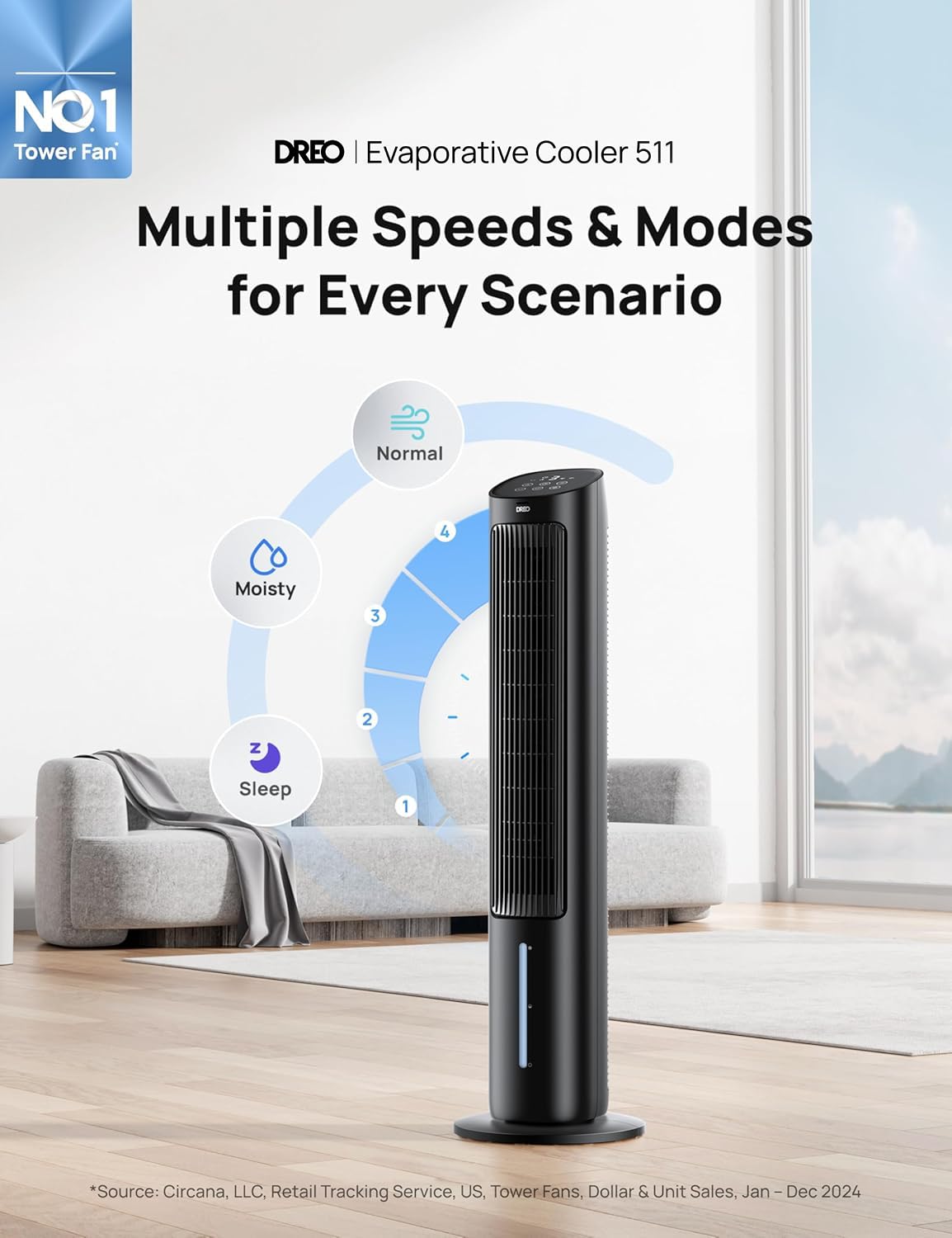 DREO Tower Fan for Bedroom, 40" Evaporative Air Cooler, Cooling Fans That Blow Cold Air with 80° Oscillating, Removable Water Tank, 3 Modes 4-Speed, Remote Control, Quiet Floor Fan, 7H Timer，Black