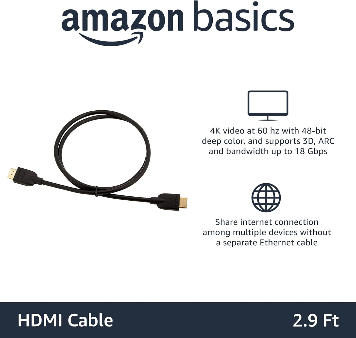 3ft, 4K@60Hz, 2.0 18Gbps, 2160p, 48 TV/PS5/Xbox/Roku, Amazon Basics HDMI Cable, High-Speed HDMI Cord, bit, Compatible