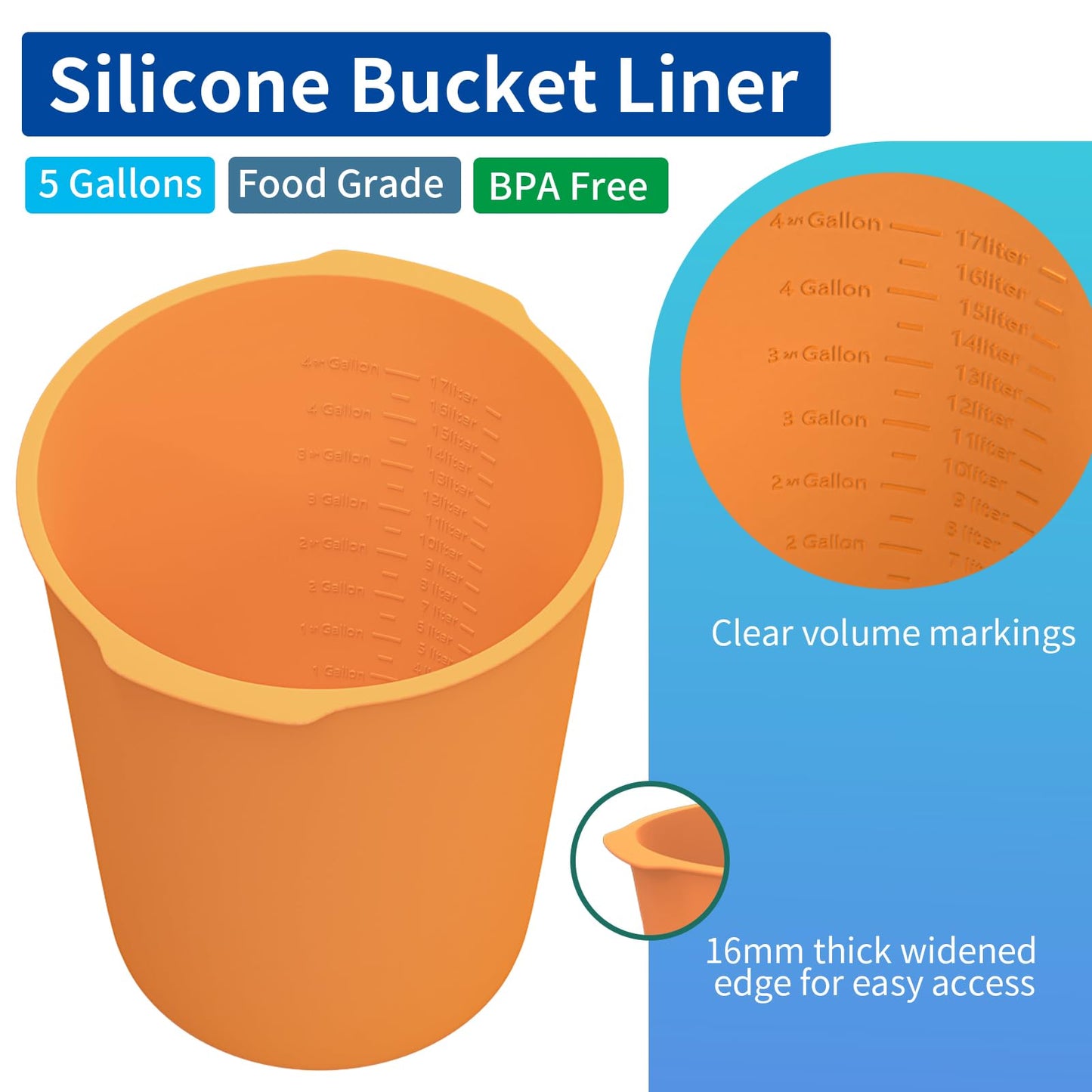 Dxmnoly 5 Gallon Silicone Bucket Liner - Reusable Measuring Mixing Liner for Concrete, Mortar, Grout, Paint - Food Grade Non-Stick with Measurement Marks - Easy to Clean & Durable (Orange)