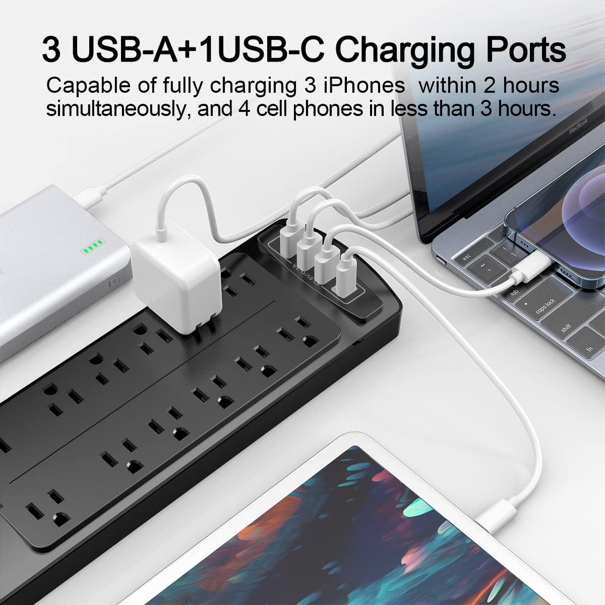 Alestor 12 4 6 (1875W/15A), 2700 Power Strip, Surge Protector with Outlets and USB Ports, Feet Extension Cord Joules