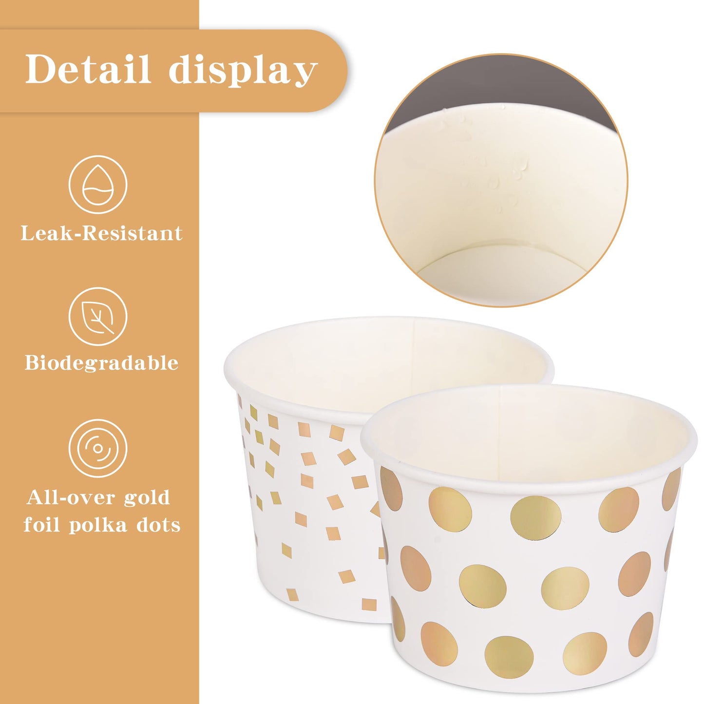 AimFun 60 Pcs Treat Snack Cups Gold Dessert Cups 8oz Disposable Paper Ice Cream Cups for Hot or Cold Food Container Birthday Christmas Party Supplies