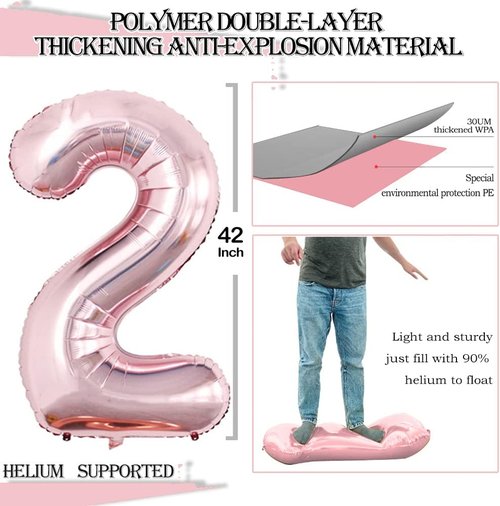 GOER Rose Gold Foil Number 2 Balloons - Huge 42 Inch & 32 Inch Birthday Party Decorations (3 Pcs)