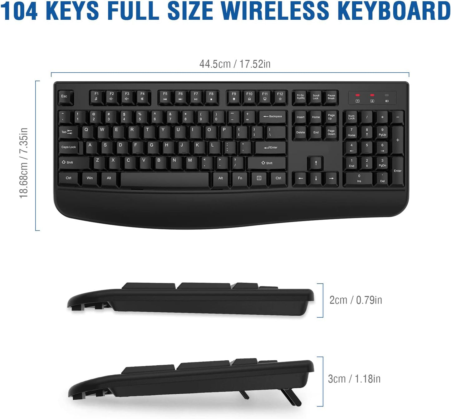 EDJO 2.4G Wireless Keyboard, Ergonomic Full Size Wireless Computer Keyboard with Wrist Rest for Windows, Mac OS