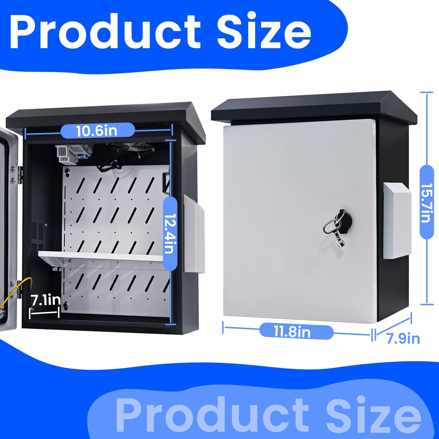 POOAMY Lockable Electrical Enclosure Box, 15.7"x11.8"x7.9", IP65 Waterproof Metal Junction Box with Thermostat and Cooling Fan, Outdoor Electrical Box with Internal Mounting Plate, Grey & White