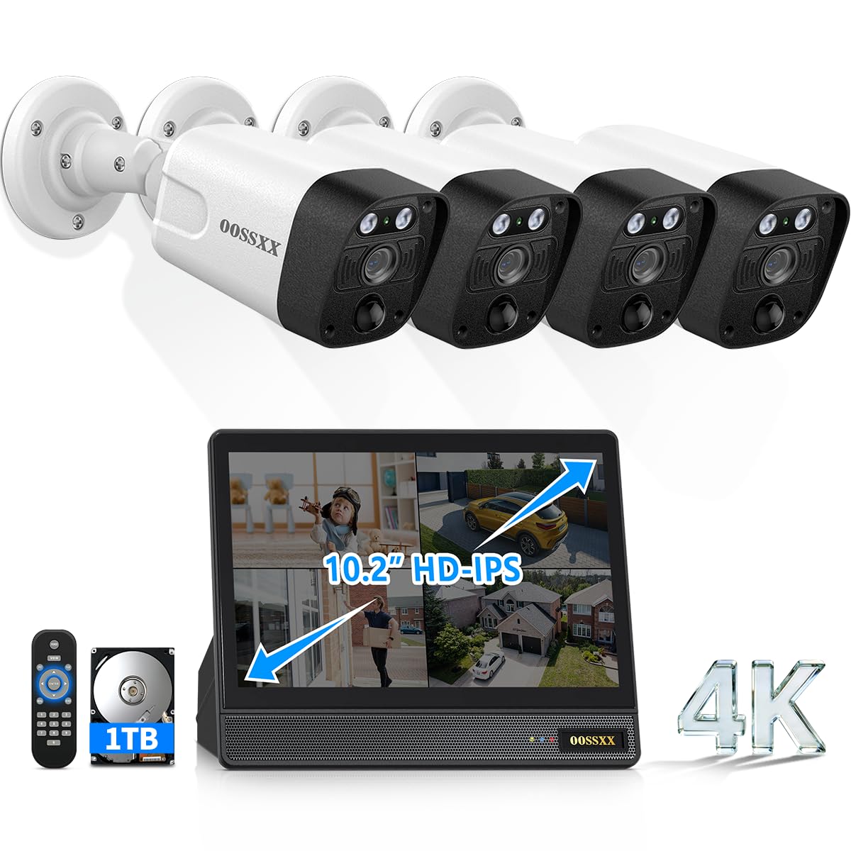OOSSXX (2026 New) 4K PoE Security Camera System Outdoor, 8CH NVR with 10.2" IPS Monitor & 1TB HDD, 4 Cameras, 130° Wide Angle, AI Human Detection, Two-Way Audio, No Monthly Fee