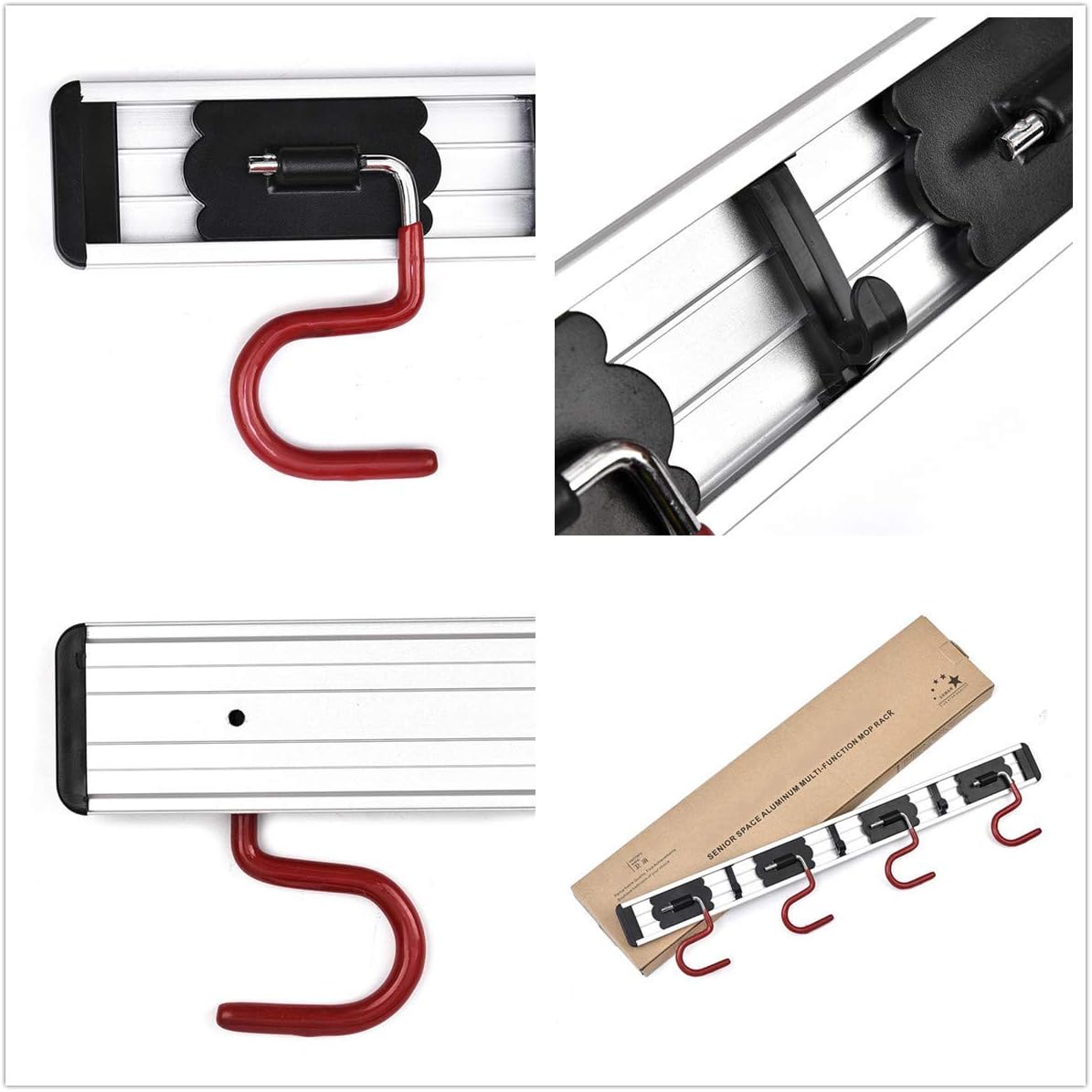Skiennix Wall Mounted Mop and Broom Holder - Stainless Steel S-Type Organizer | 17-Inch, 4 Positions, 3 Hooks, Red/Black