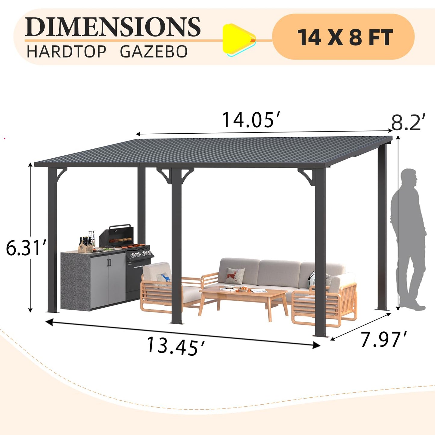 AECOJOY 14' x 8' Outdoor Hardtop Metal Gazebo for Patio, Large Lean to 8x14 Galvanized Steel Wall Mounted Pergolas and Grill Gazebos Clearance, Patio Roof Heavy Duty Awnings for Backyard, Decks