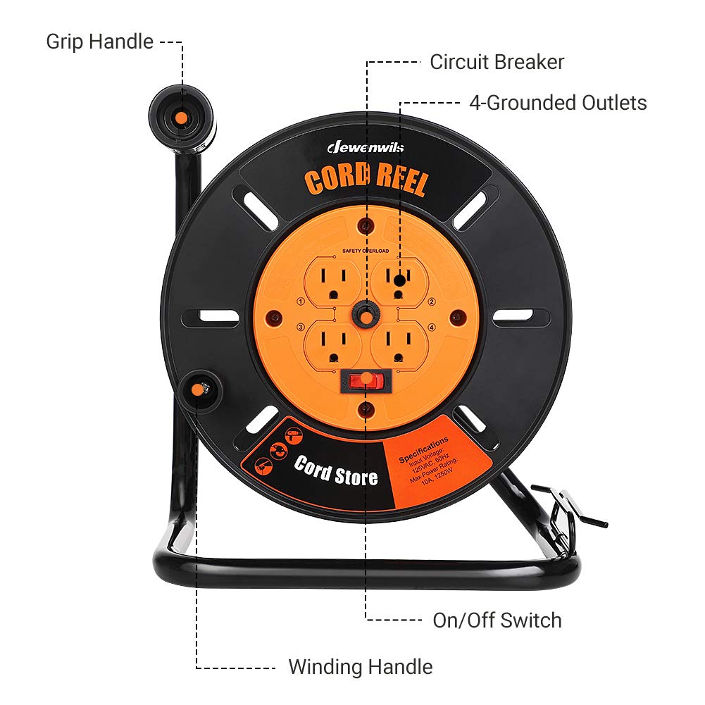 DEWENWILS Extension Cord Storage Reel with 4-Grounded Outlets, Heavy Duty Open Cord Reel for 12/3,14/3,16/3 Gauge Power Cord, Hand Wind Retractable, 10A Circuit Breaker, Rocker Power Switch